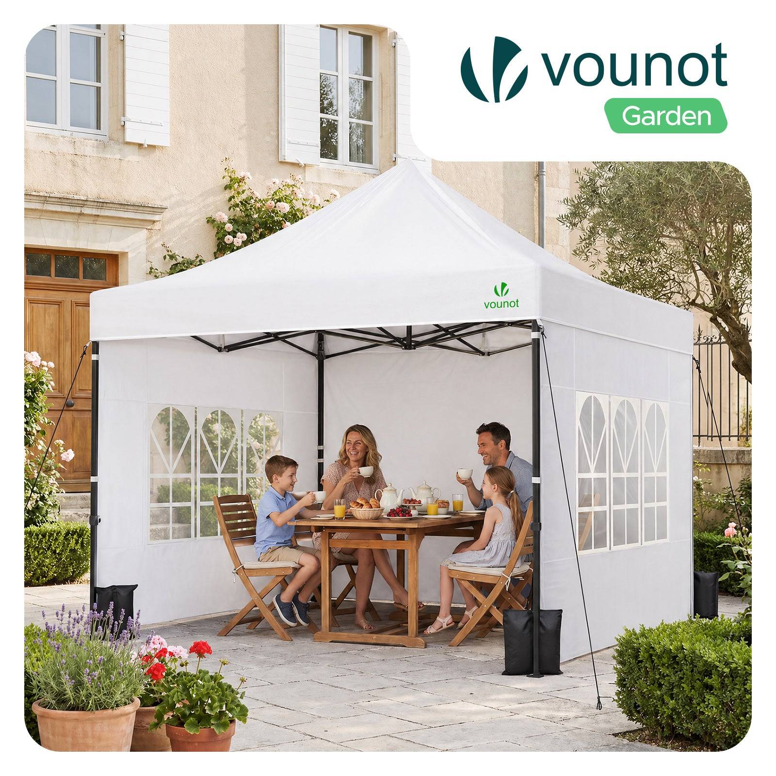 Tonnelle de jardin renforcée 3x3m pliable Barnum avec 4 parois - sac de transport à roulettes et sacs de sable - Blanc - VOUNOT® - Image 2