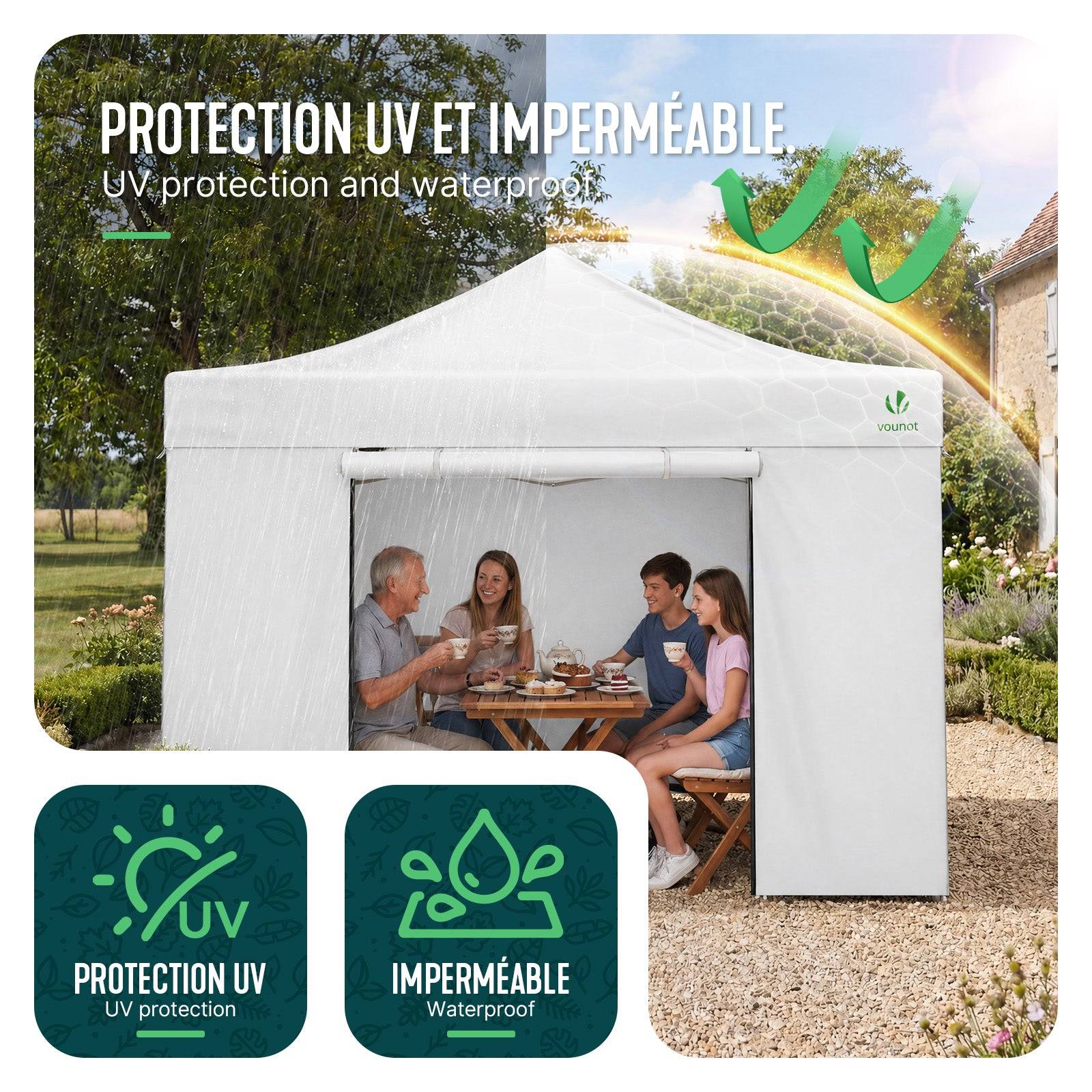 Tonnelle de jardin renforcée 3x3m pliable Barnum avec 4 parois - sac de transport à roulettes et sacs de sable - Blanc - VOUNOT® - Image 5