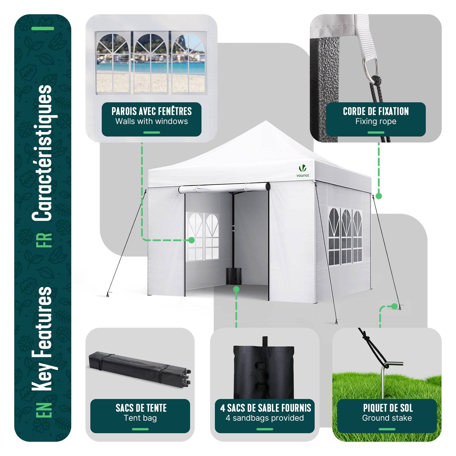 Tonnelle de jardin renforcée 3x3m pliable Barnum avec 4 parois - sac de transport à roulettes et sacs de sable - Blanc - VOUNOT® - Image 4