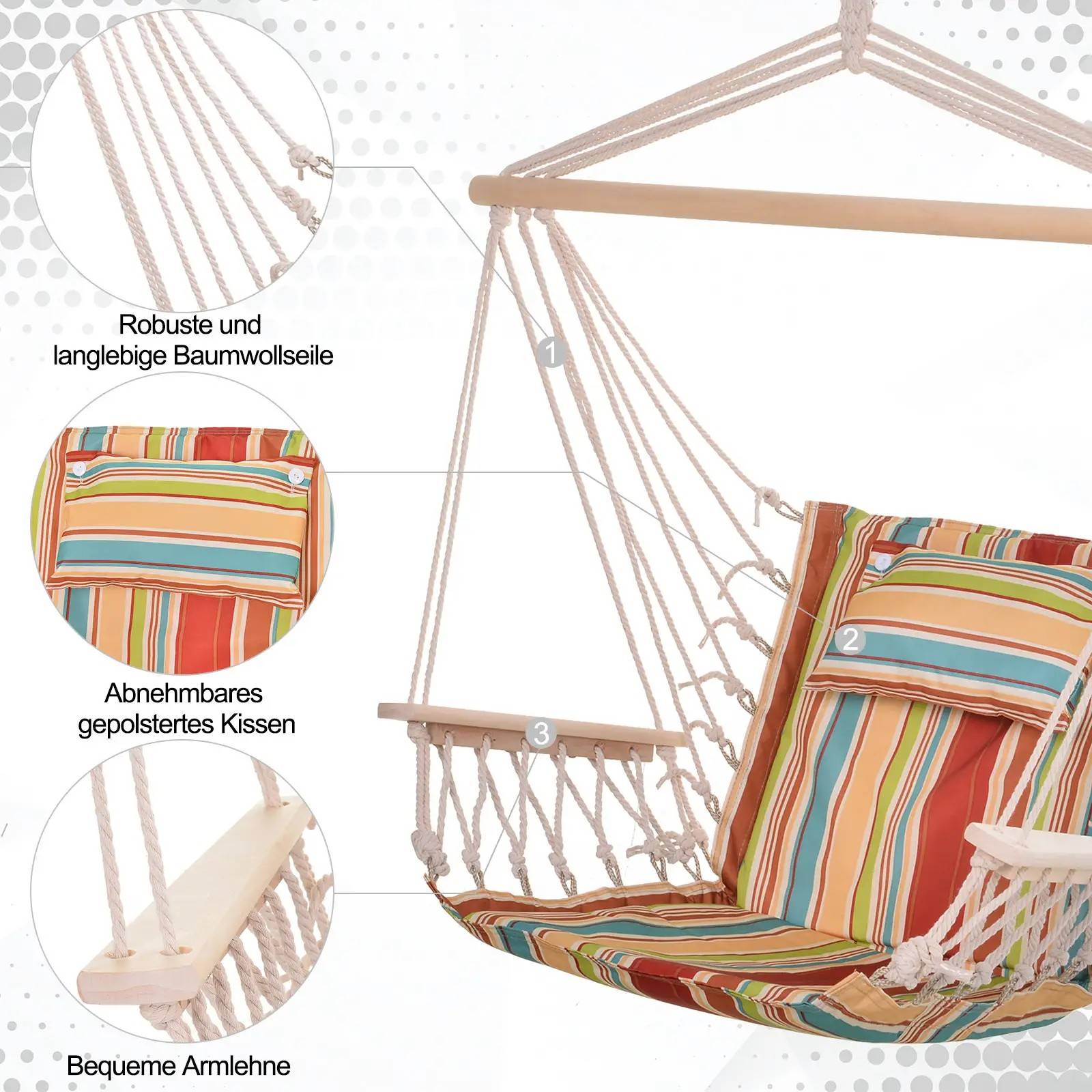 ComfortXL - Fauteuil suspendu polyester bois jardin balcon détente coussin rayé multicolore 100x106cm - ComfortXL Outdoor Living - Image 4
