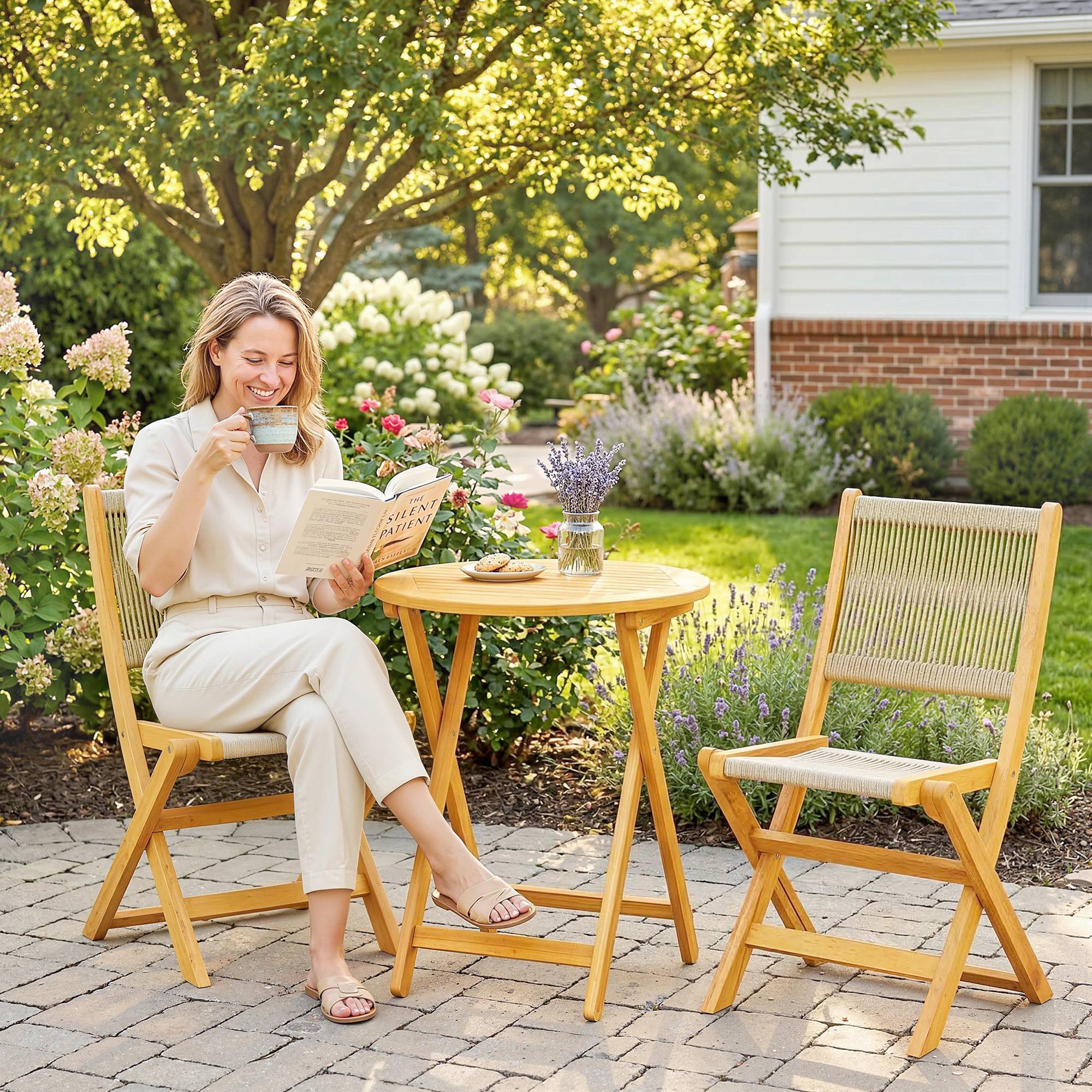 ComfortXL - Salon de balcon pliable en bois d’acacia et résine tressée Ø60 cm pour 2 personnes - ComfortXL Outdoor Living - Image 4