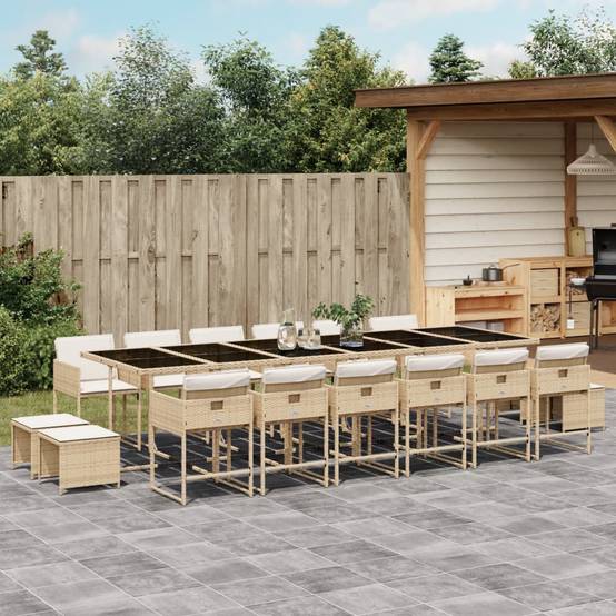 Ensemble Table et Chaises de Jardin 16 Places, Résine Tressée Beige, avec Tabourets et Coussins Crème – ComfortXL Outdoor Living - Image 1