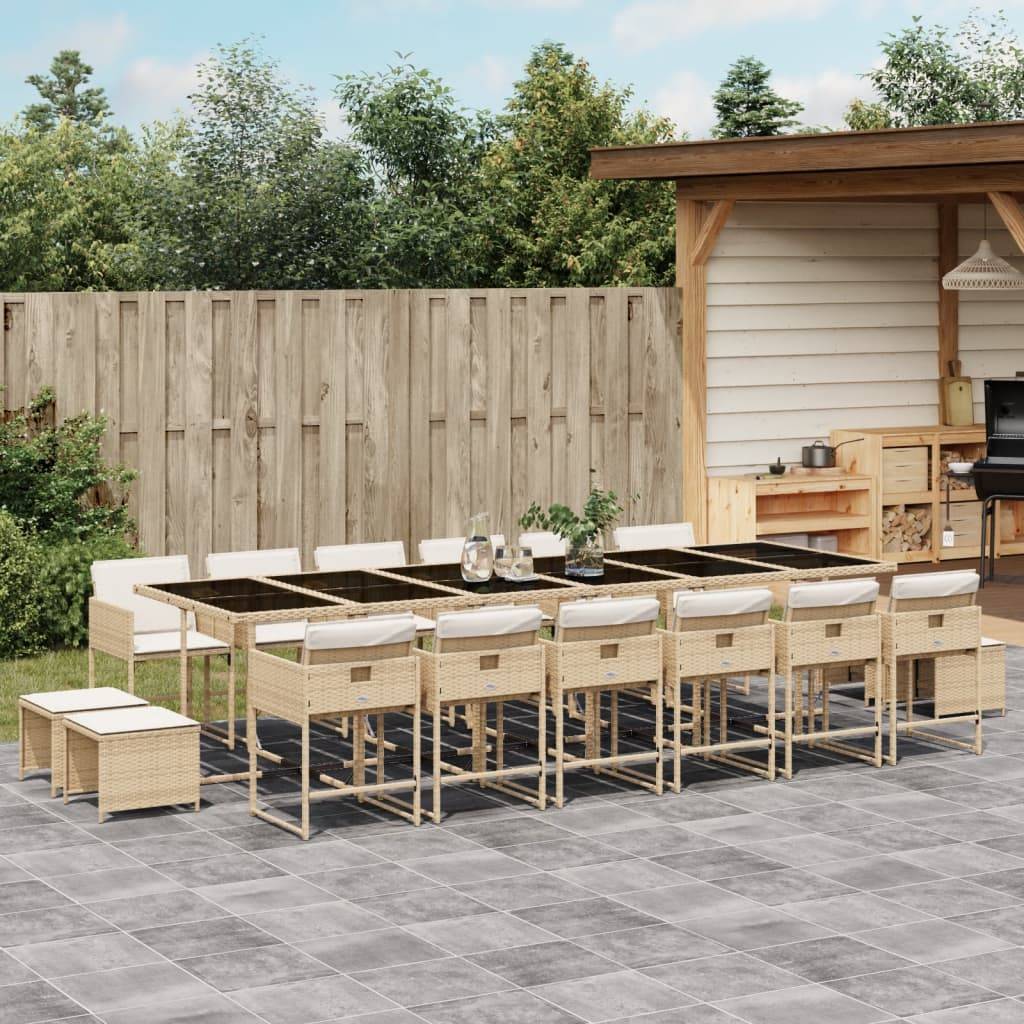 Ensemble Table et Chaises de Jardin 16 Places, Résine Tressée Beige, avec Tabourets et Coussins Crème – ComfortXL Outdoor Living - Image 1
