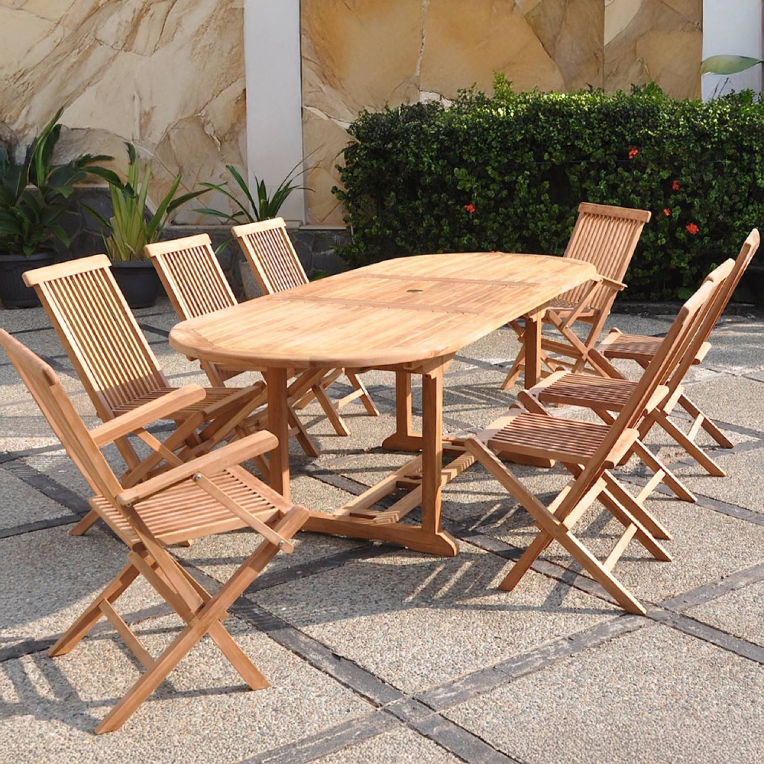 Salon de jardin Teck 10 places Table ovale 6 chaises 2 fauteuils KAJANG - Image 3