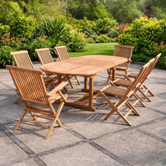 Salon de jardin Teck 10 places Table ovale 6 chaises 2 fauteuils KAJANG - Image 2