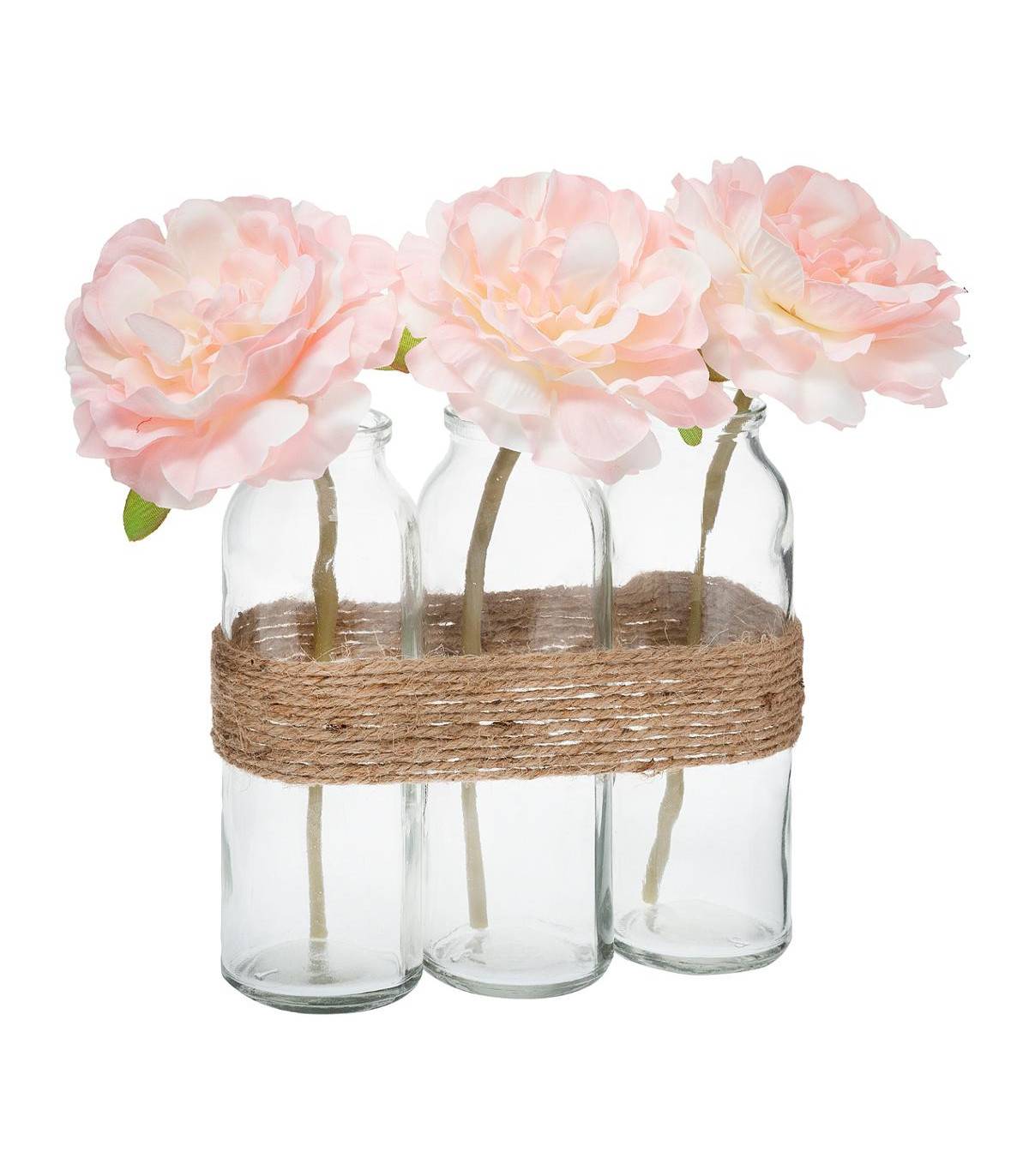 Composition artificielle de 3 Roses dans 3 Vases en verre liés par une corde - Image 1