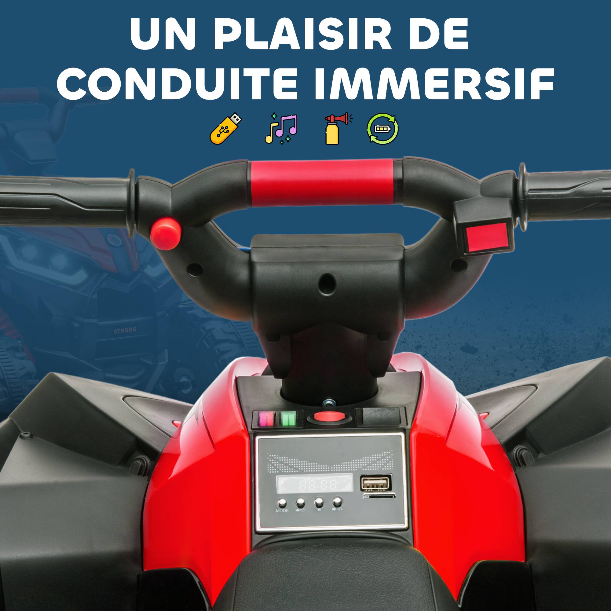 Quad électrique enfant de 3 à 5 ans 12 V 2 moteurs 2 vitesses 3-6 km/h phares LED klaxon rouge - Image 8