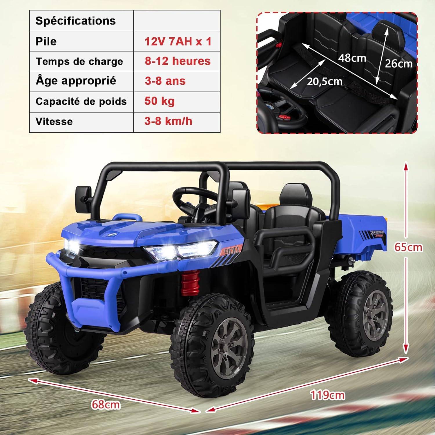 12V Voiture Électrique Télécommandée Enfant 3-6 Ans Véhicule 3 Vitesse Phares LED Quad Tout Terrain Effets Sonores Et Lumineux Jardin Gazon Goudron Grande Autonomie Bleu
