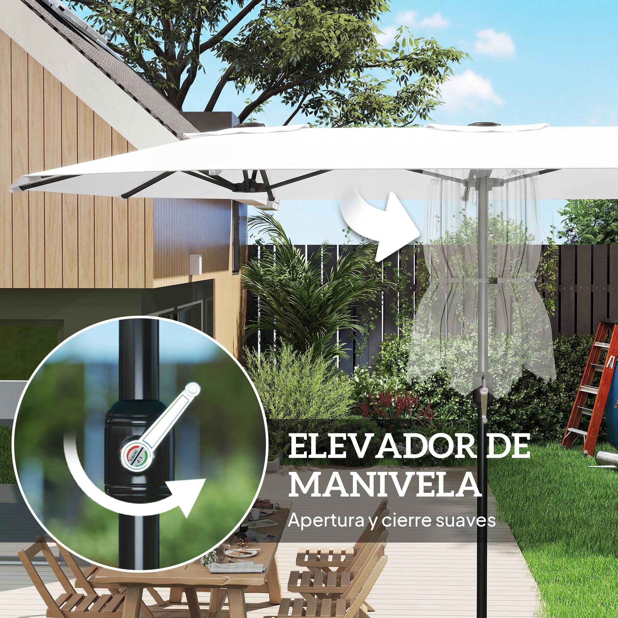 Parasol double jardin 4,6x2,6 m, manivelle manuelle, UV50+, housse resistant eau, blanc - Image 9