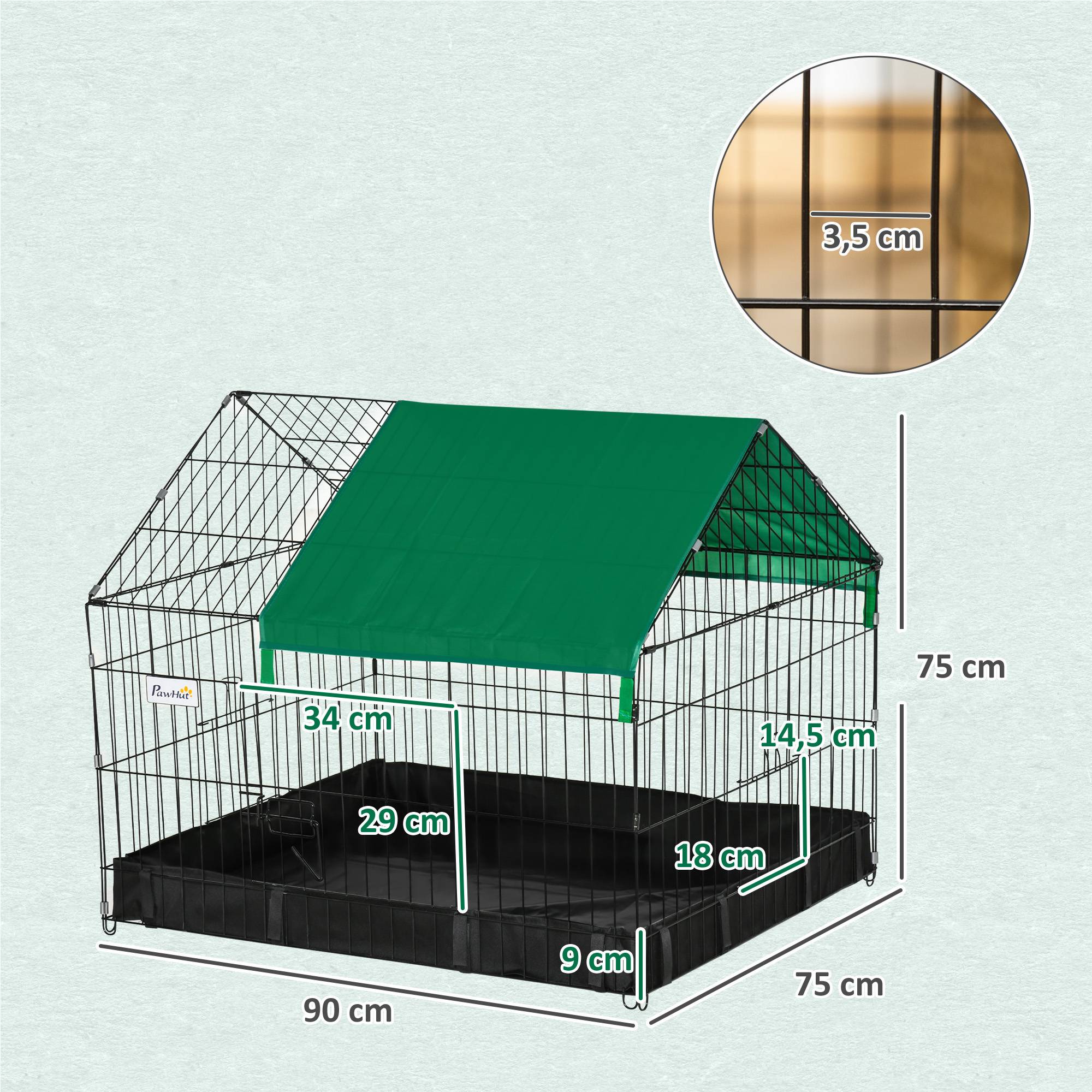 Cage pour petits animaux avec 2 portes, parc pour animaux de compagnie avec auvent et fond en tissu, 90 x 75 x 75 cm, noir et vert - Image 5