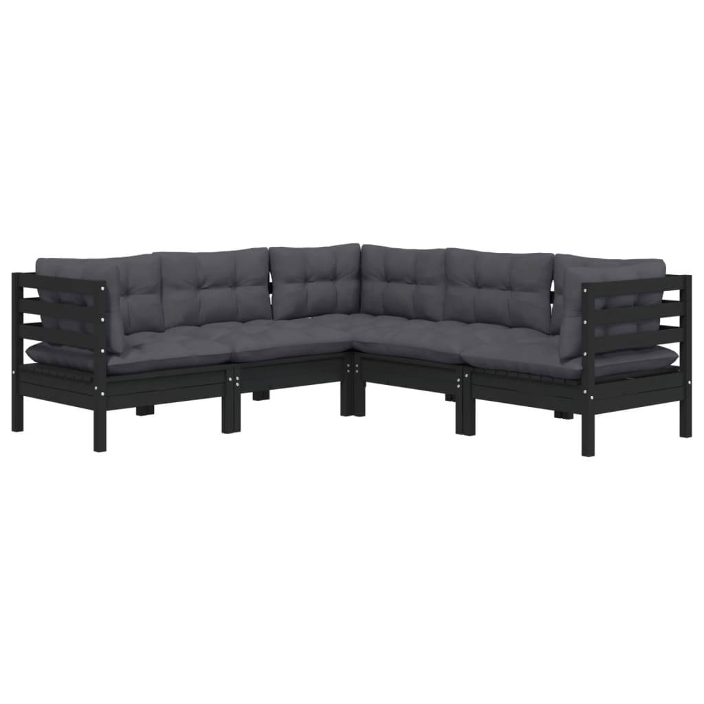 Helloshop26 - Salon de jardin meuble d'extérieur ensemble de mobilier 5 pièces avec coussins noir bois de pin solide - Image 1