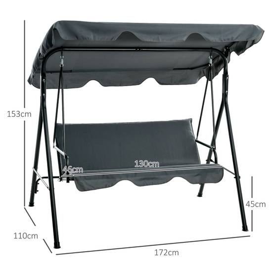 Balancelle Hollywood 3 places, avec pare-soleil réglable et coussin d'assise, pour jardin et terrasse, grise - Image 3