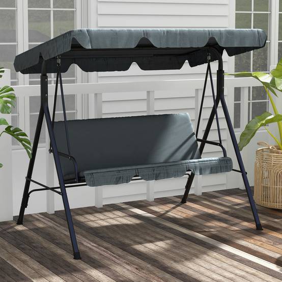 Balancelle Hollywood 3 places, avec pare-soleil réglable et coussin d'assise, pour jardin et terrasse, grise - Image 2