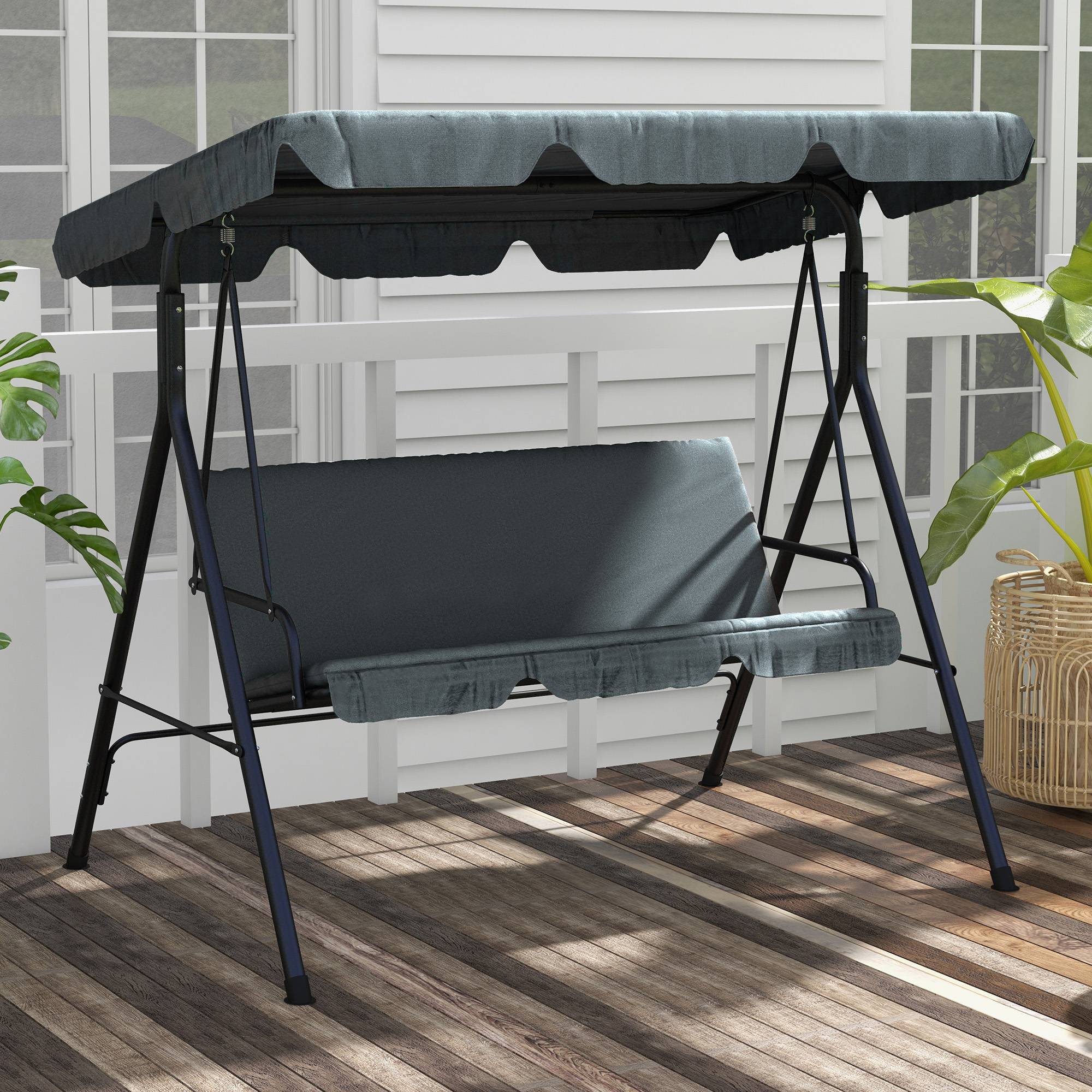 Balancelle Hollywood 3 places, avec pare-soleil réglable et coussin d'assise, pour jardin et terrasse, grise - Image 2