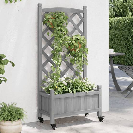 Jardinière avec treillis et roues bois de sapin gris 55 x 29.5 x 117.5 cm - PANGIVO - Image 1