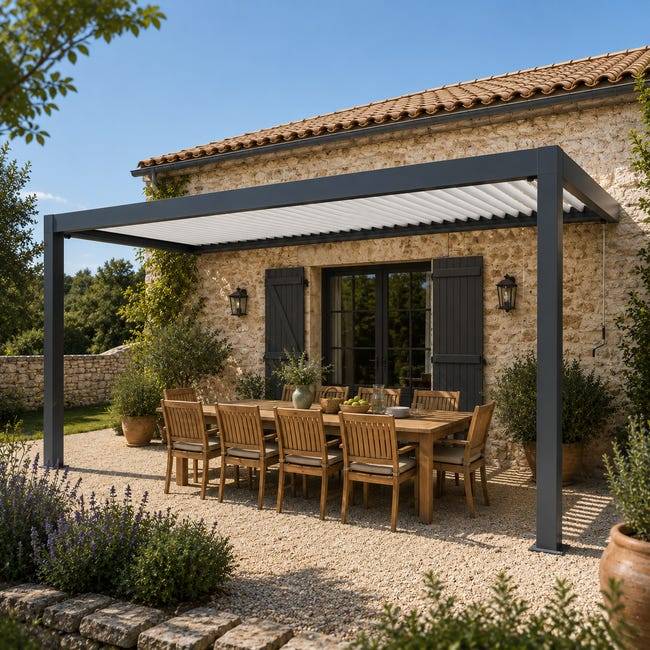 Pergola Bioclimatique Aluminium Adossée Anthracite 4x3,5 Manuelle S ORIAL France - Image 5