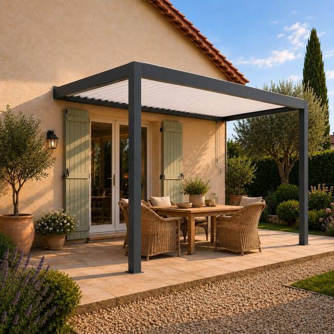 Pergola Bioclimatique Aluminium Adossée Anthracite 4x3,5 Manuelle S ORIAL France - Image 6