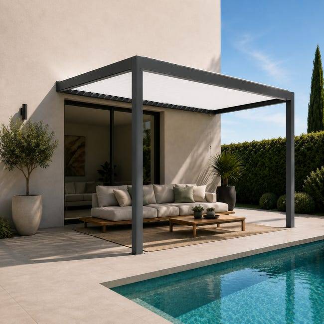 Pergola Bioclimatique Aluminium Adossée Anthracite 4x3,5 Manuelle S ORIAL France - Image 1
