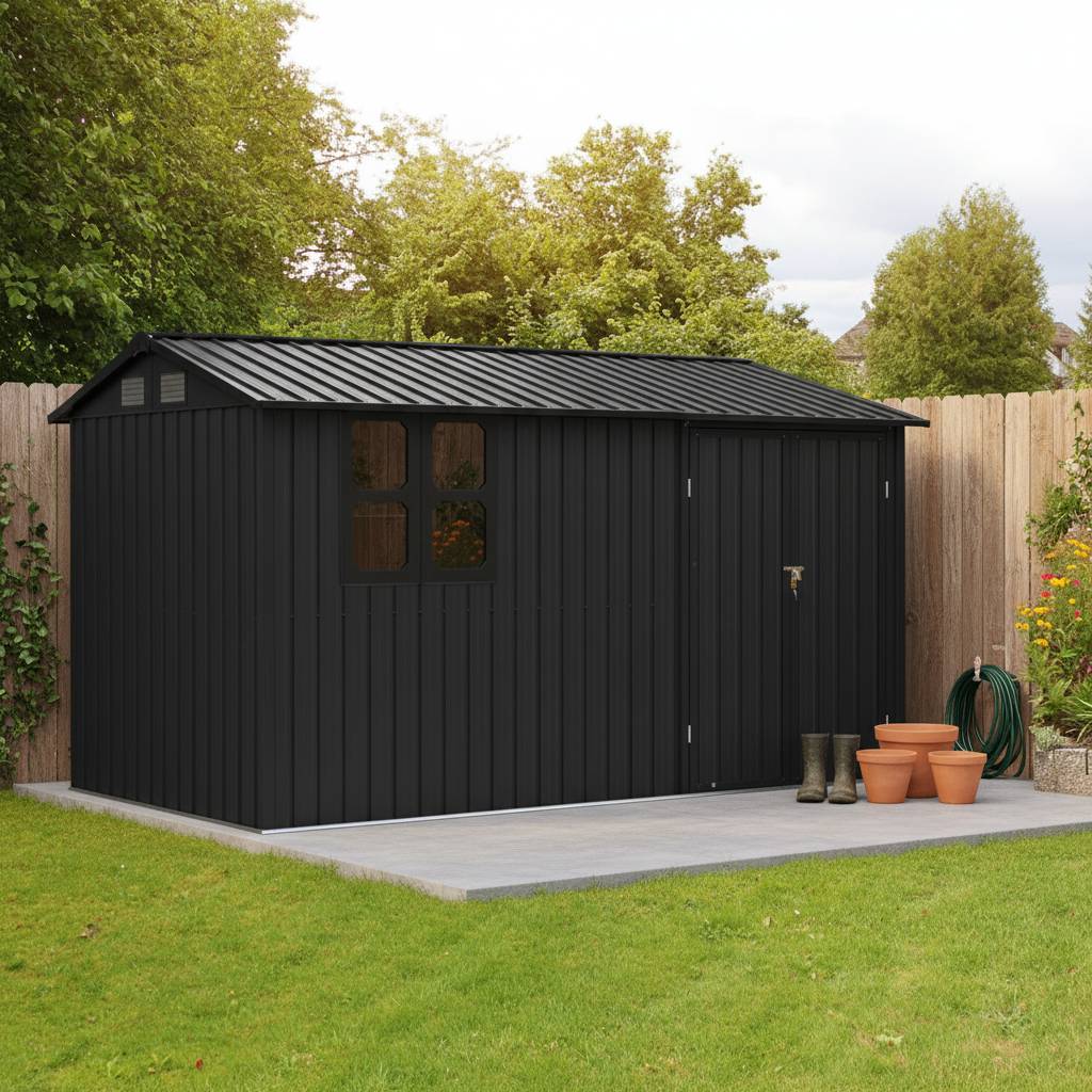 Abri de jardin métal extérieur avec établi et étagères 10,34m2 noir - ComfortXL Outdoor Living - Image 9
