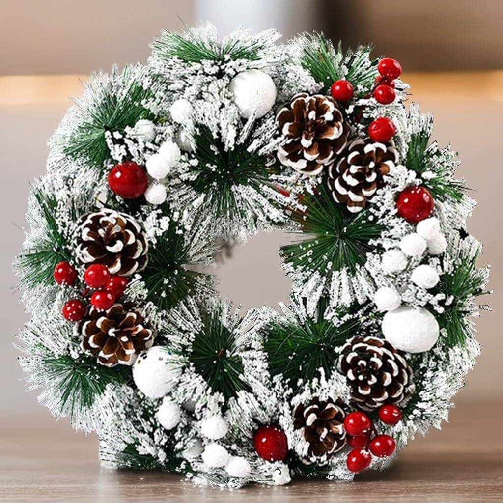 Couronne de Noël de 30 cm, guirlande de porte avec boule de Noël, nœud de fleurs et baies pour porte d'entrée, cheminée et décoration murale - Image 4