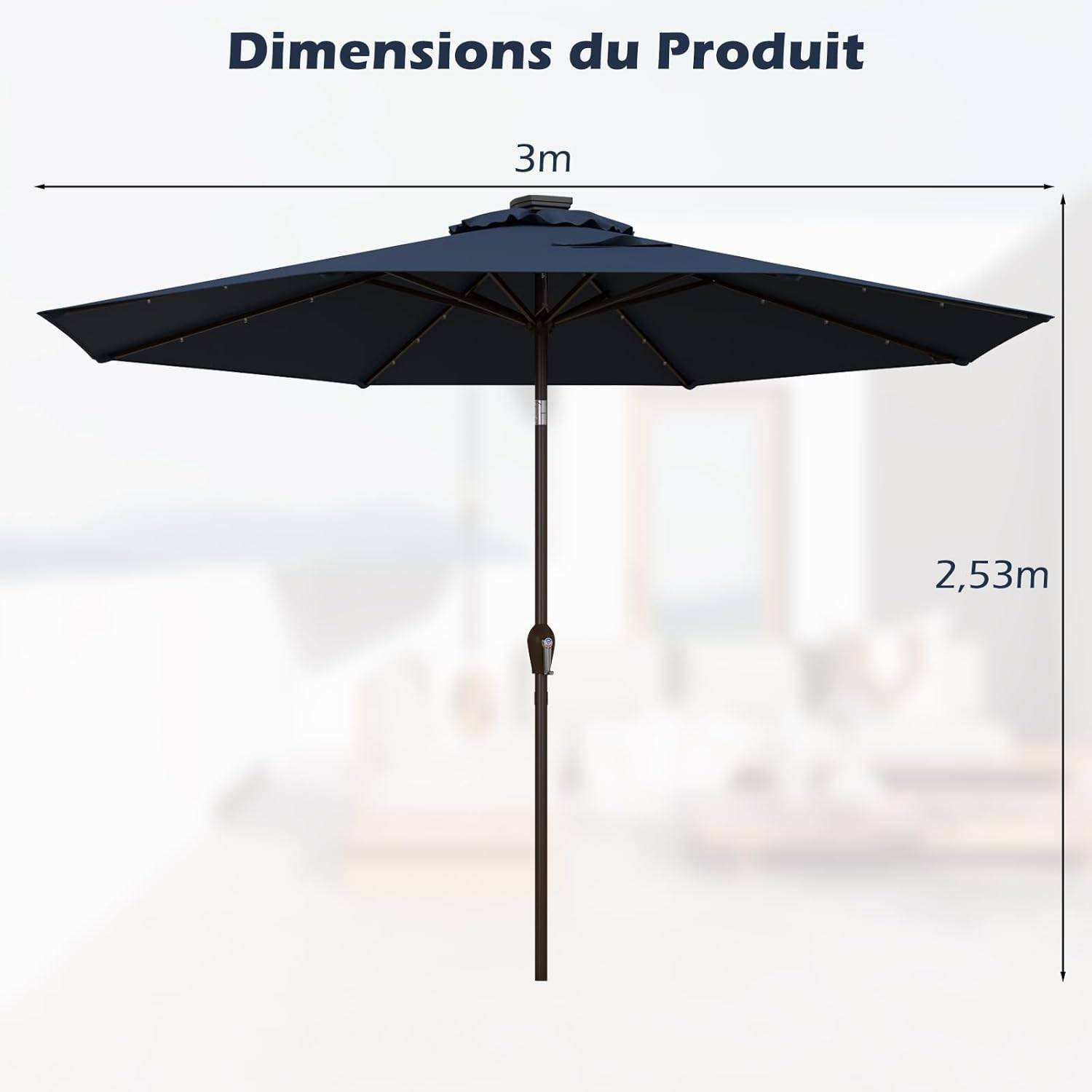 Costway - Parasol de Jardin Ø 300 CM, Parasol Inclinable Lumineux Solaire avec 24 LED, avec Manivelle et 8 Baleines Métalliques (Bleu Foncé) - Image 3