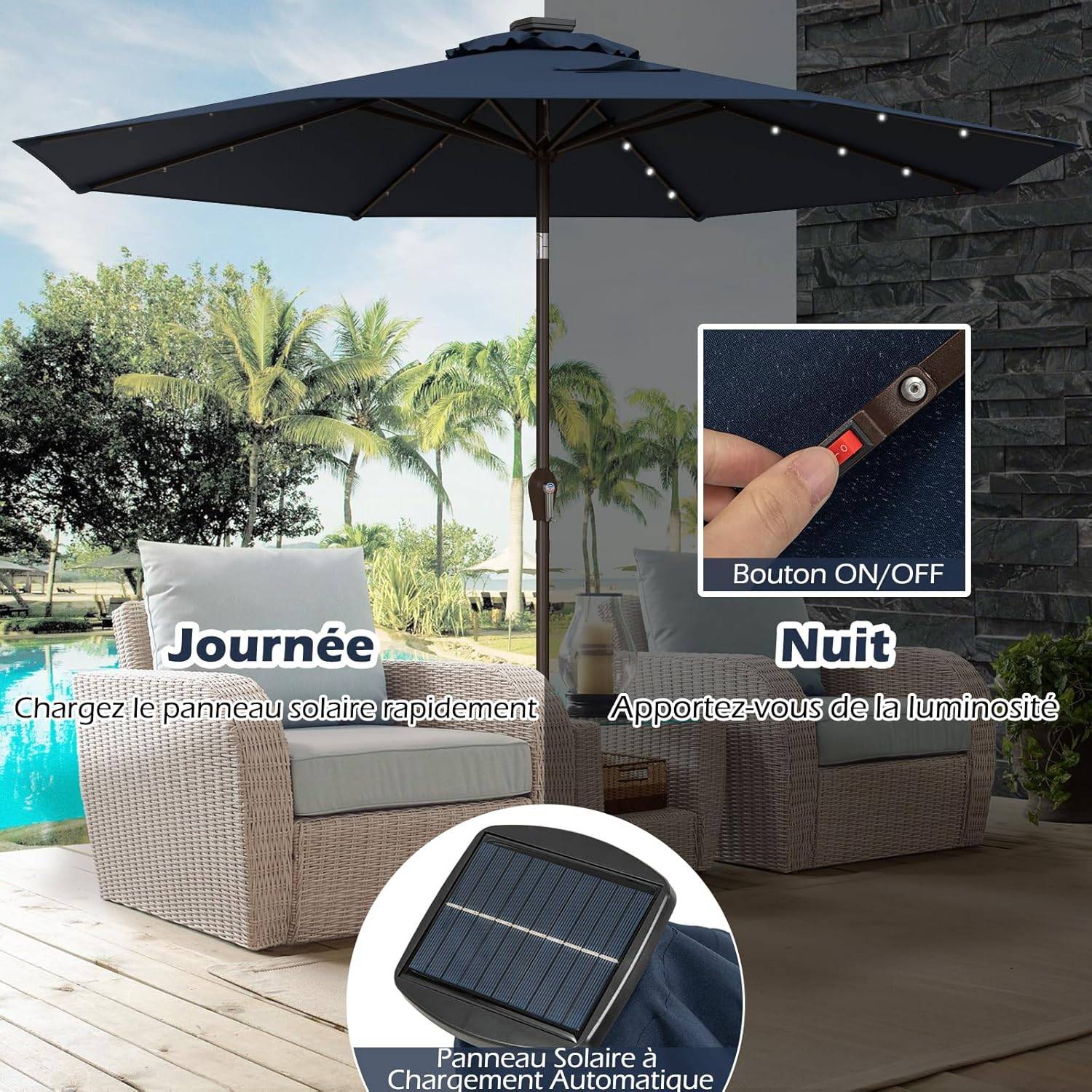 Costway - Parasol de Jardin Ø 300 CM, Parasol Inclinable Lumineux Solaire avec 24 LED, avec Manivelle et 8 Baleines Métalliques (Bleu Foncé) - Image 6