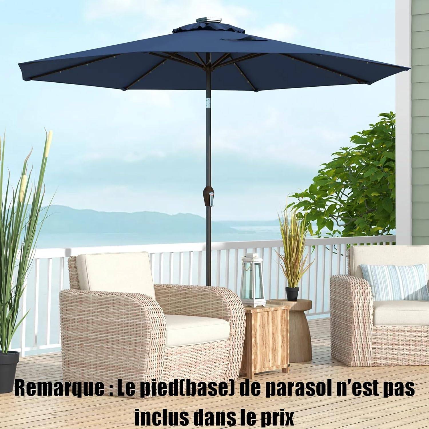 Costway - Parasol de Jardin Ø 300 CM, Parasol Inclinable Lumineux Solaire avec 24 LED, avec Manivelle et 8 Baleines Métalliques (Bleu Foncé) - Image 2