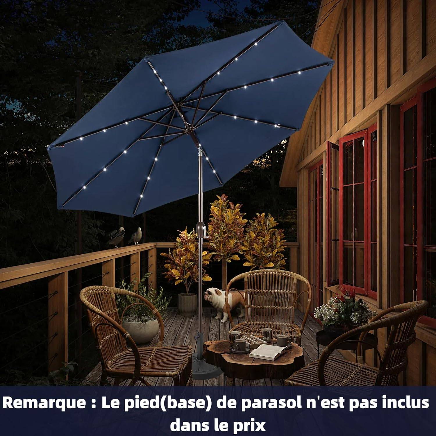 Costway - Parasol de Jardin Ø 300 CM, Parasol Inclinable Lumineux Solaire avec 24 LED, avec Manivelle et 8 Baleines Métalliques (Bleu Foncé) - Image 1