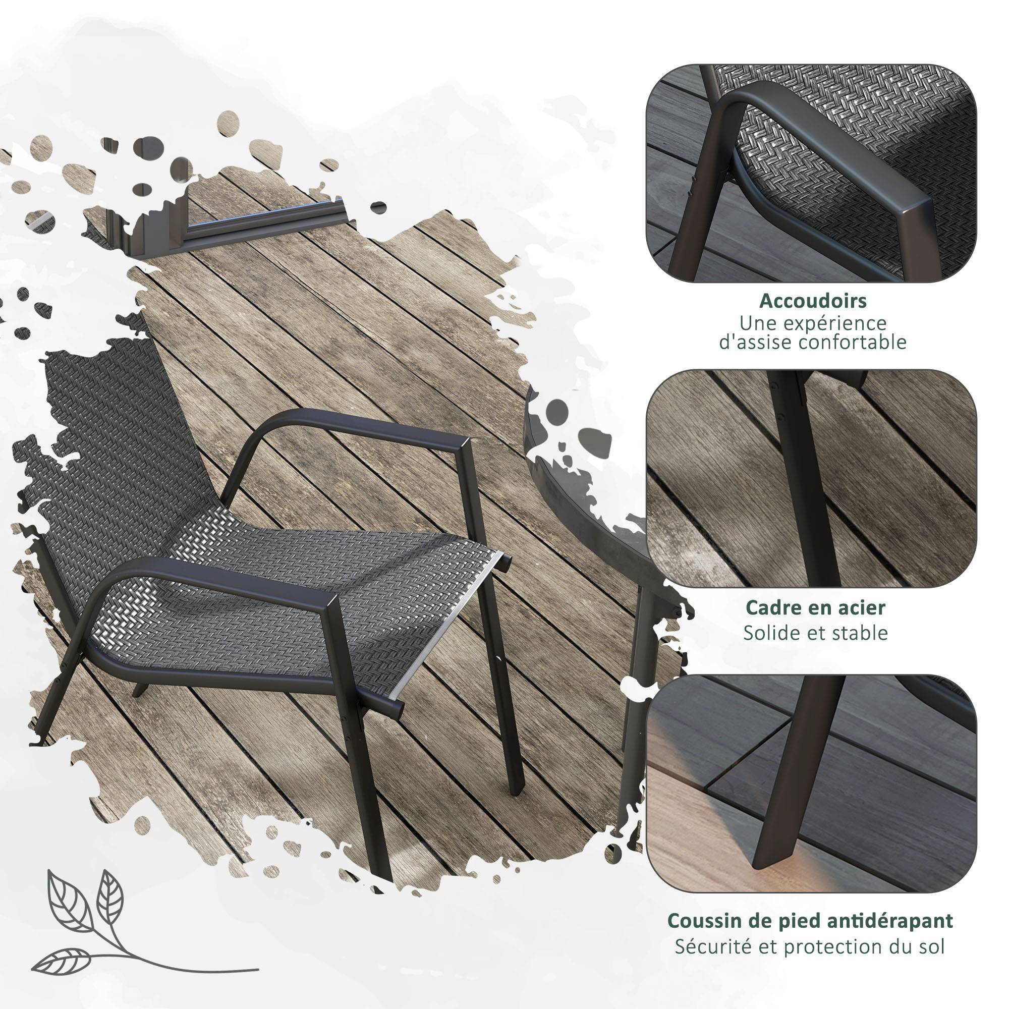 Lot de 4 chaises de jardin acier et résine tressée naturel 52 x 70 x 85 cm - PANGIVO - Image 9