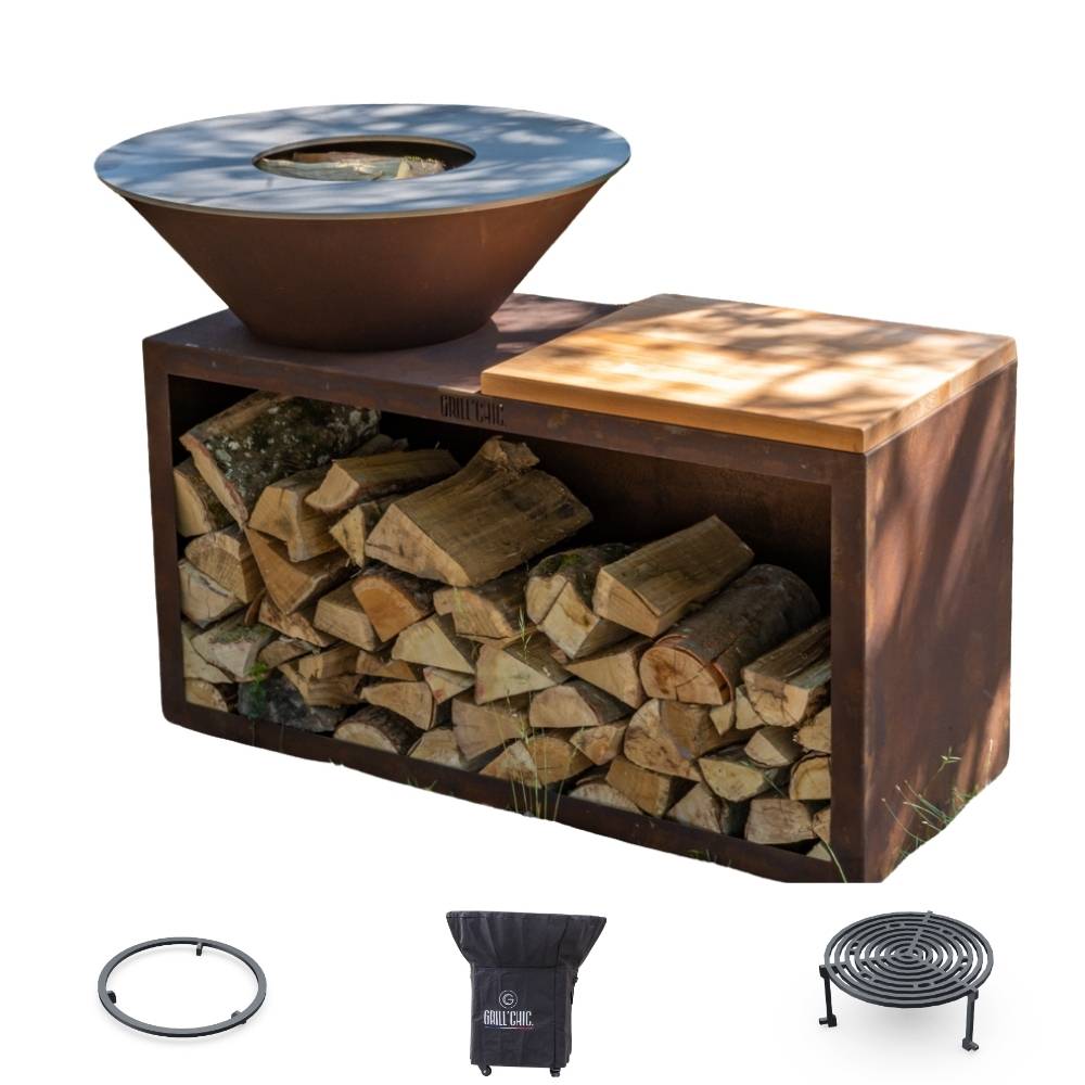 Pack Privilege Brasero Traditionnel Corten 103 Simple Cuve - Avec rangement bois - GRILL CHIC - Image 1