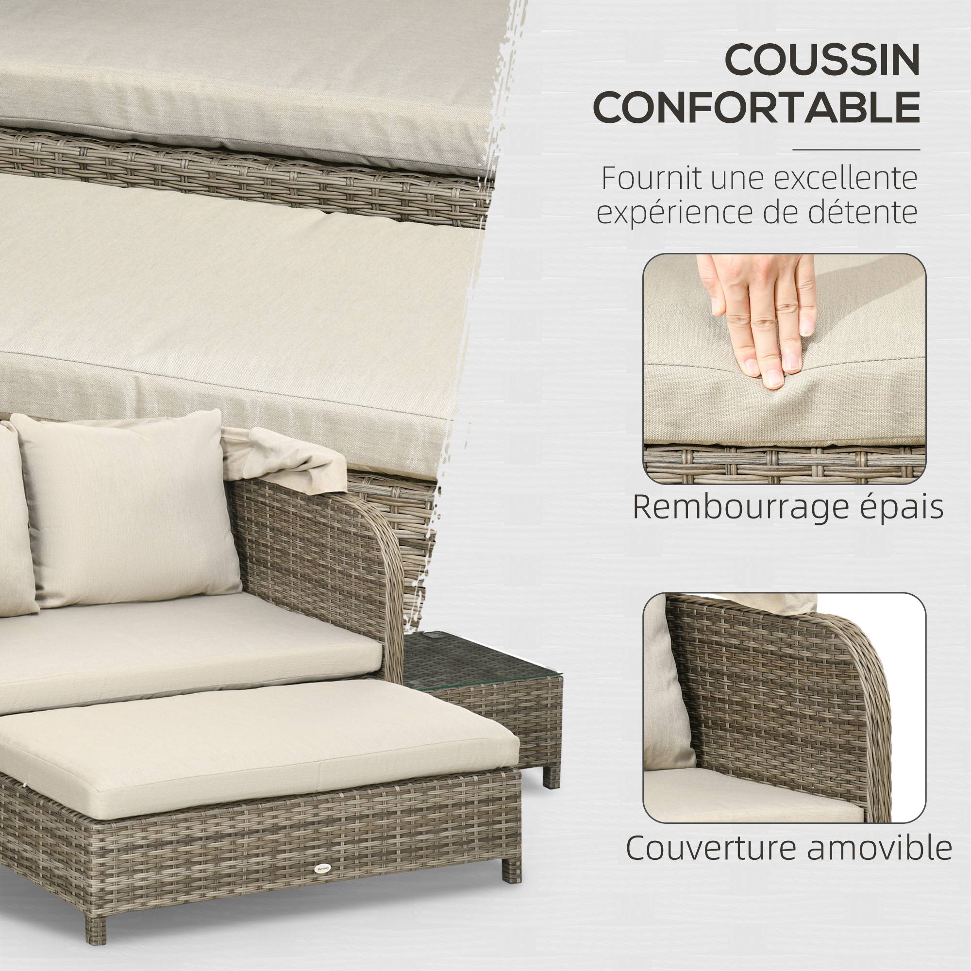 ComfortXL - Salon de jardin 2 places en résine tressée avec auvent et repose-pieds encastrable Kaki - ComfortXL Outdoor Living - Image 6