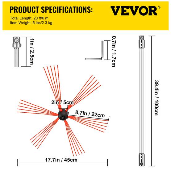 VEVOR Brosse cheminée 6 m, nylon, pour poêle pellet, métal, brique. - Image 7
