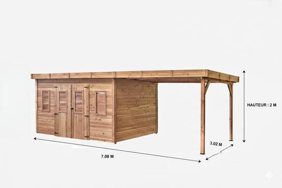 Habrita - Abri Madriers bois massif - 28 mm- surface extérieur 21,38 m2 avec bûcher- Toit plat - couverture polycarbonate - Image 3