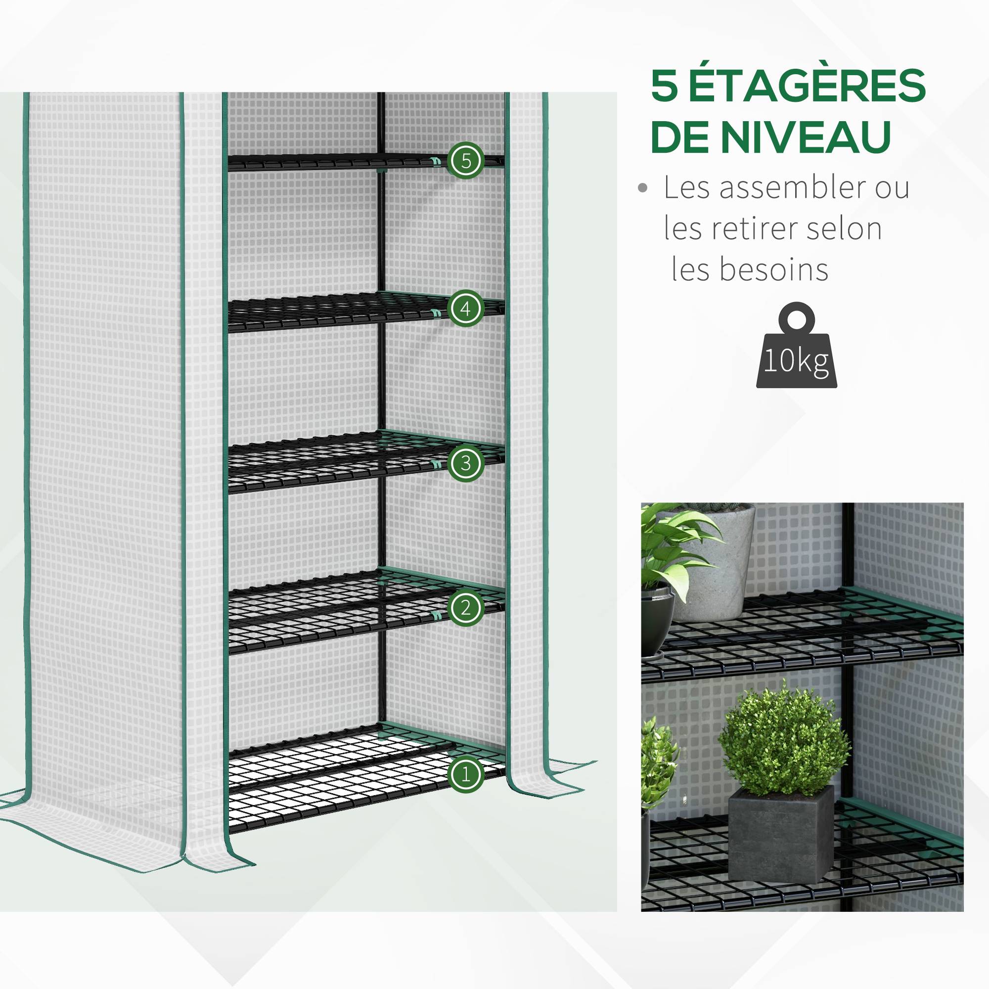 Outsunny - Serre de jardin balcon 5 étagères bâche renforcée 135g/m² porte zippée enroulable pour plantes 90x49x193cm acier blanc - Outsunny - Image 5