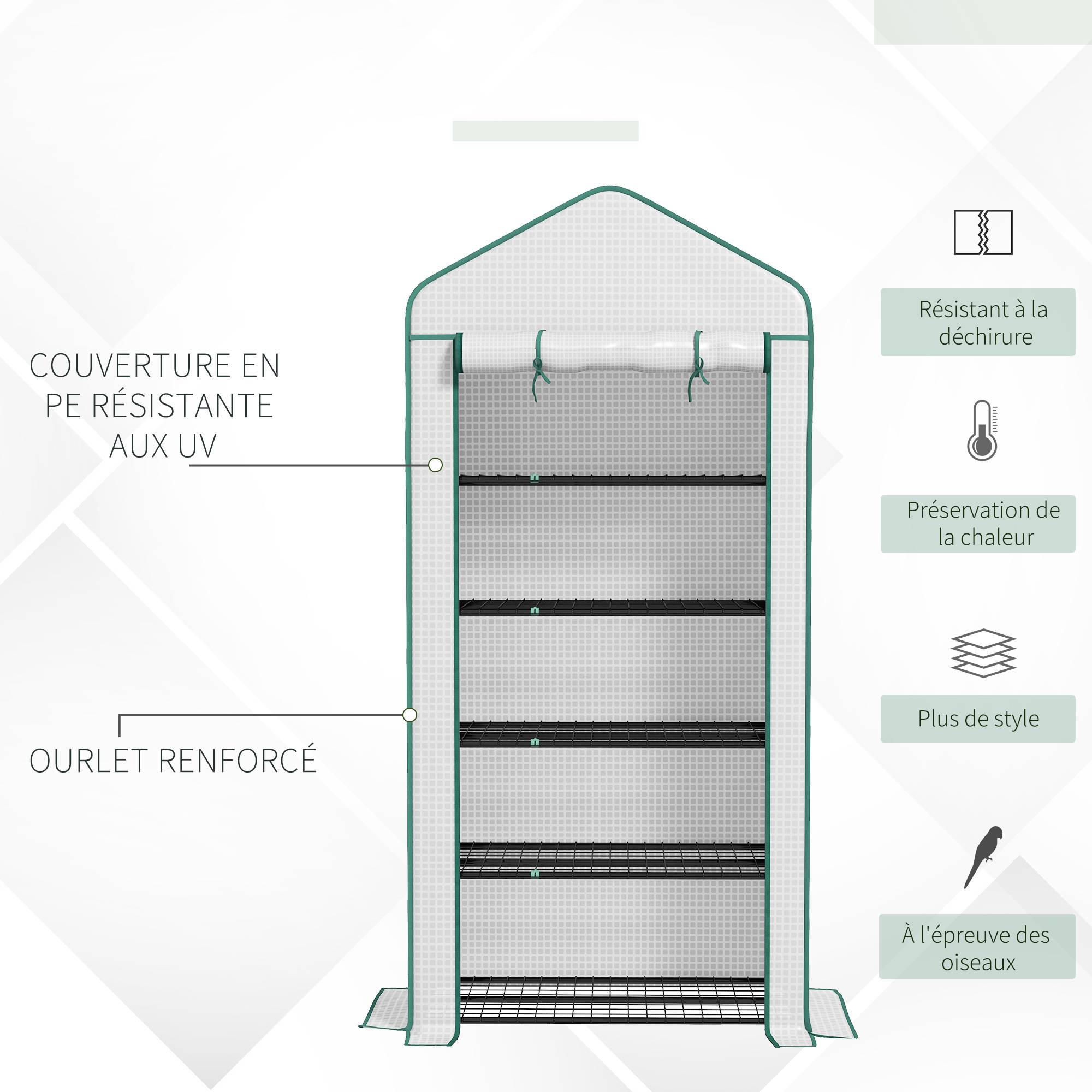 Outsunny - Serre de jardin balcon 5 étagères bâche renforcée 135g/m² porte zippée enroulable pour plantes 90x49x193cm acier blanc - Outsunny - Image 6