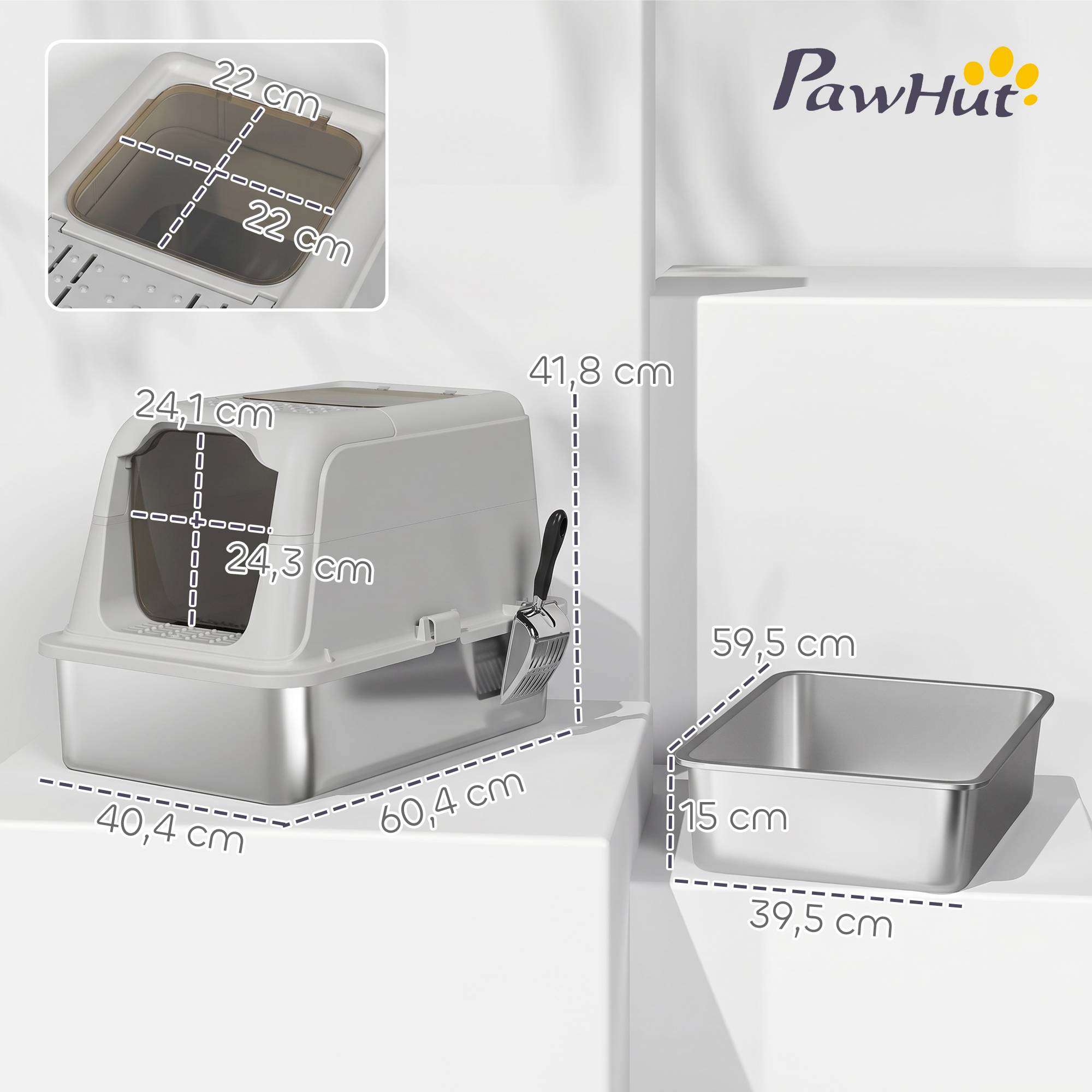 Sans Marque - Katzenklo, Katzentoilette mit Deckel, Streuschaufel, vorne Eingang und ober Ausgang Edelstahl bis 8 kg - Image 4