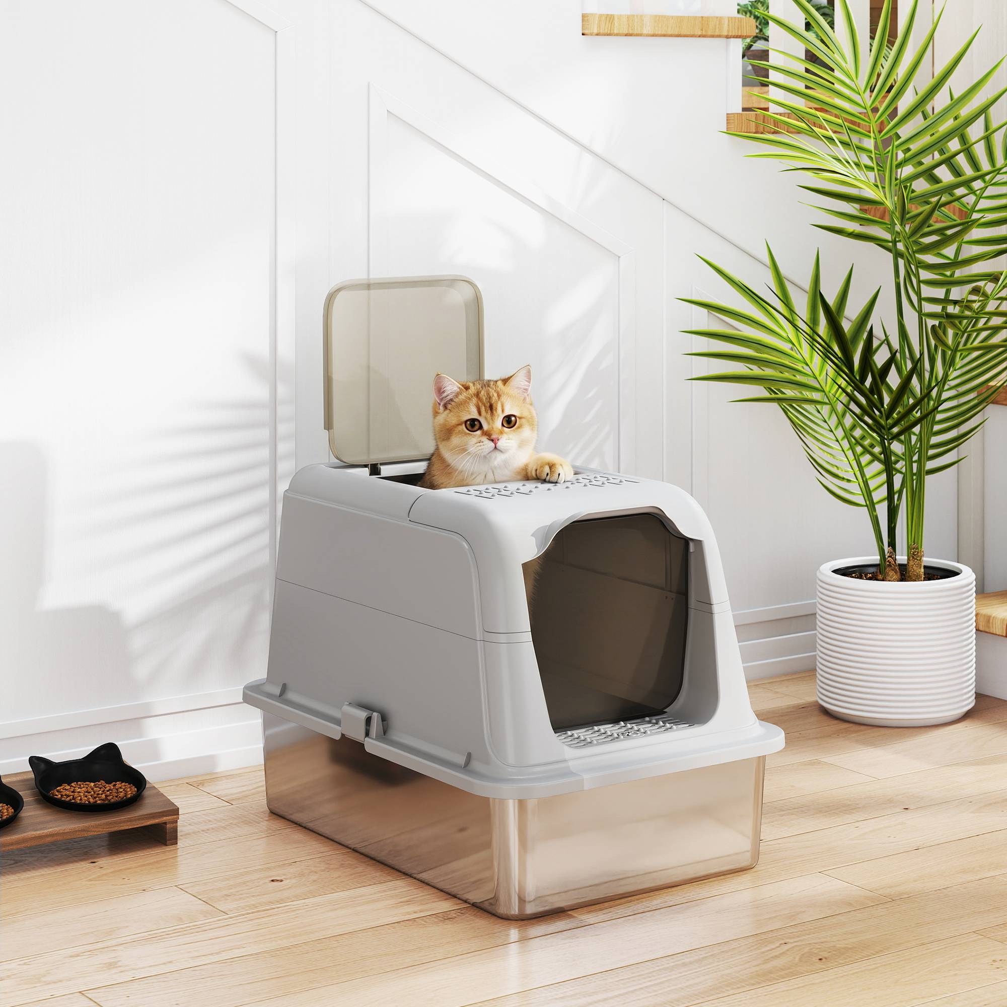 Sans Marque - Katzenklo, Katzentoilette mit Deckel, Streuschaufel, vorne Eingang und ober Ausgang Edelstahl bis 8 kg - Image 3