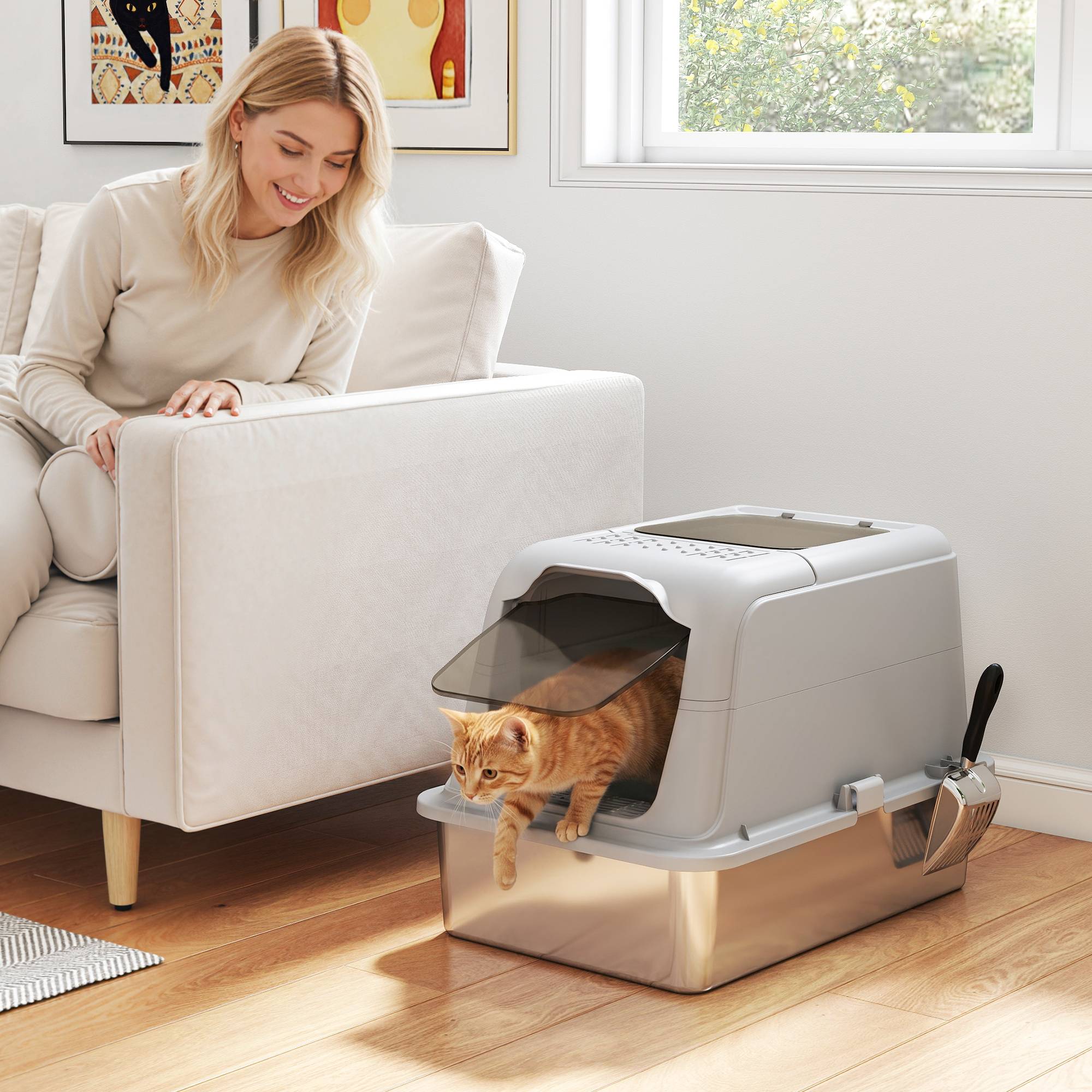 Sans Marque - Katzenklo, Katzentoilette mit Deckel, Streuschaufel, vorne Eingang und ober Ausgang Edelstahl bis 8 kg - Image 2