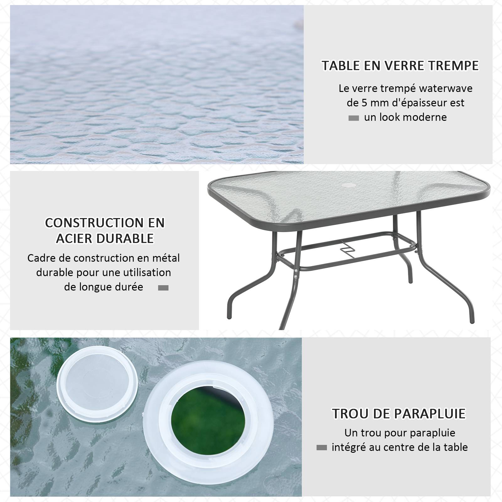 Sans Marque - Table de Jardin rectangulaire dim. 120L X 80l x 70H cm métal époxy Gris Plateau Verre trempé - Image 6