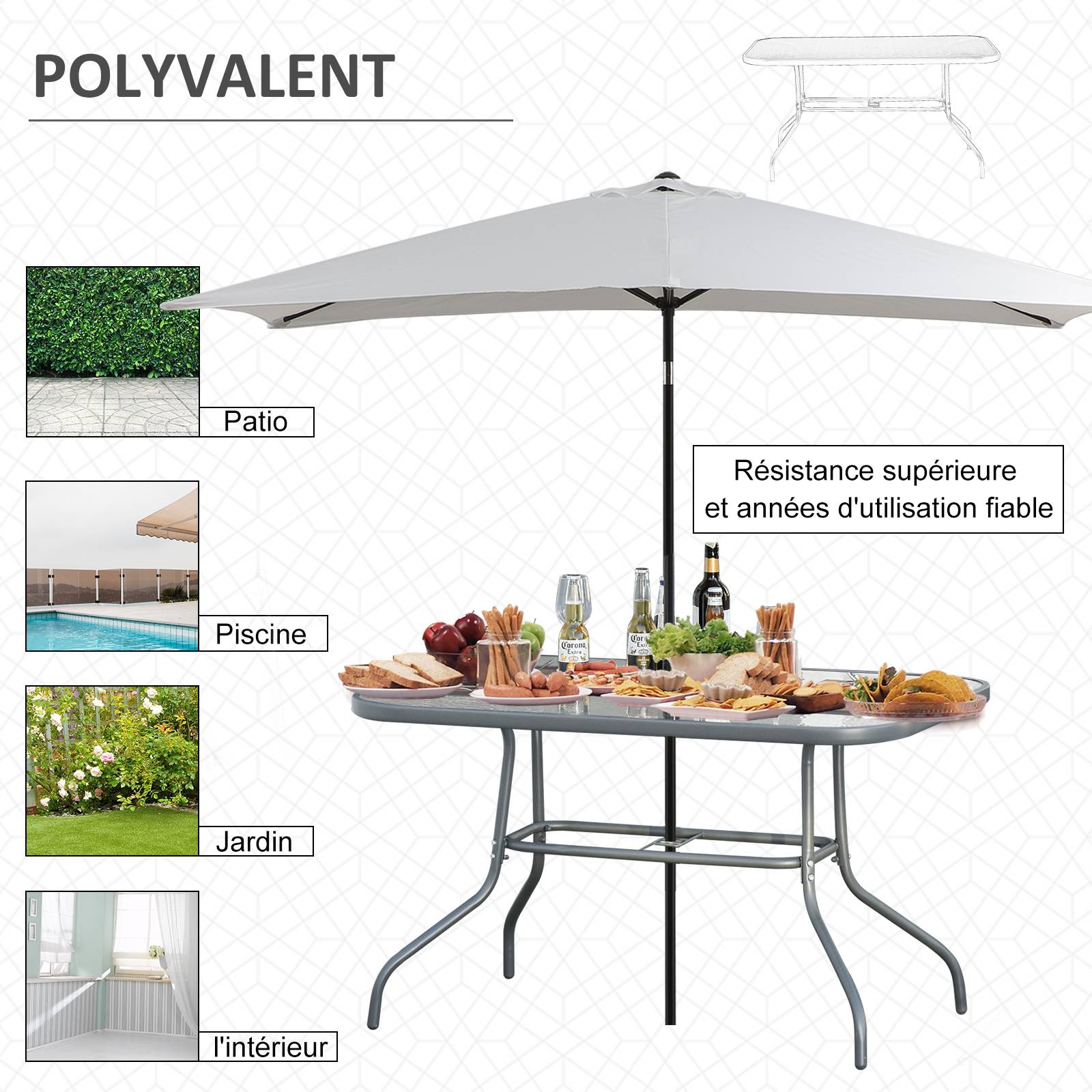 Sans Marque - Table de Jardin rectangulaire dim. 120L X 80l x 70H cm métal époxy Gris Plateau Verre trempé - Image 9