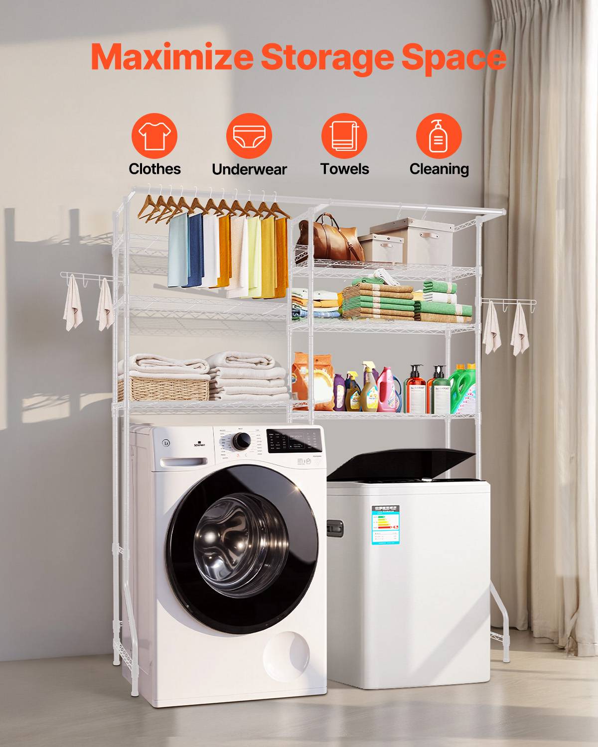 VEVOR Étagère rangement lave-linge/sèche-linge 6 niveaux, étendoir, réglable. - Image 3