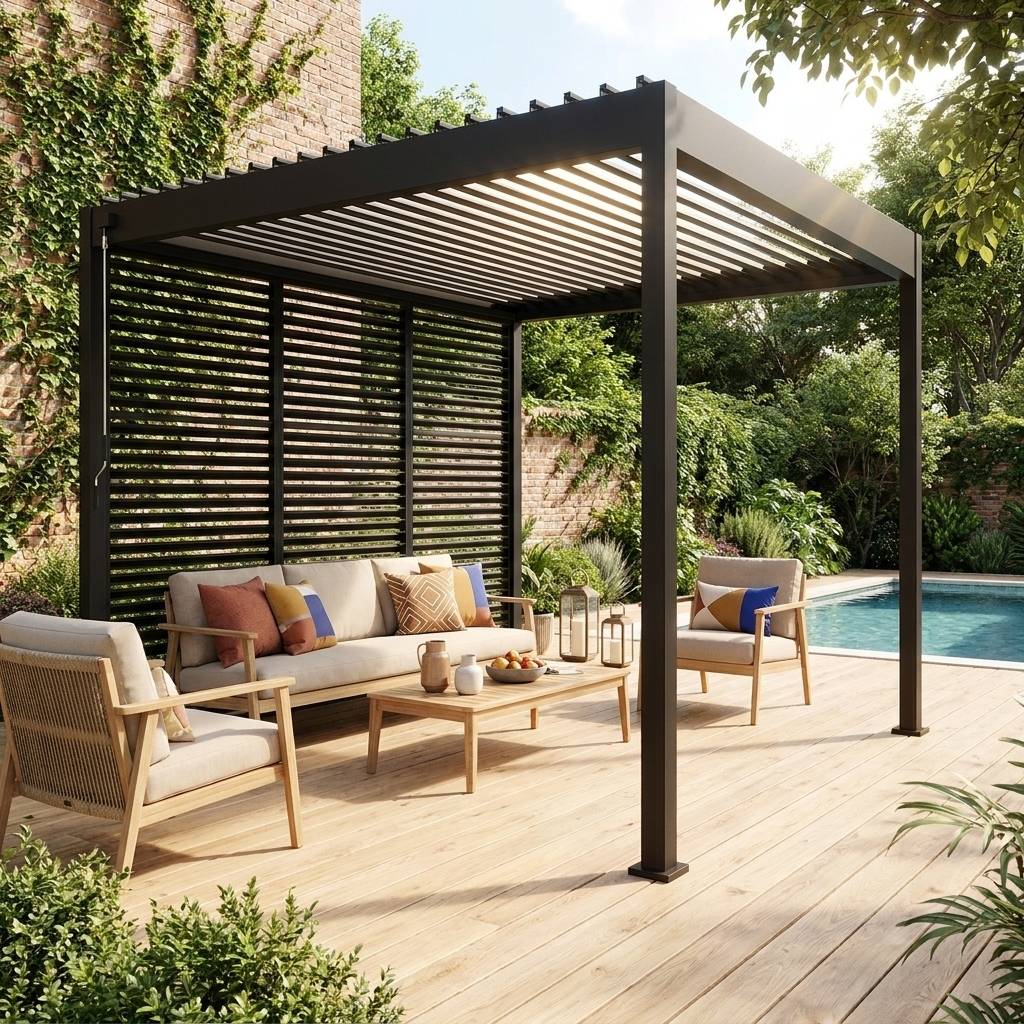 Pergola bioclimatique aluminium 3x3 m V2 lames orientables + 3 persiennes TRIOMPHE anthracite | sweeek