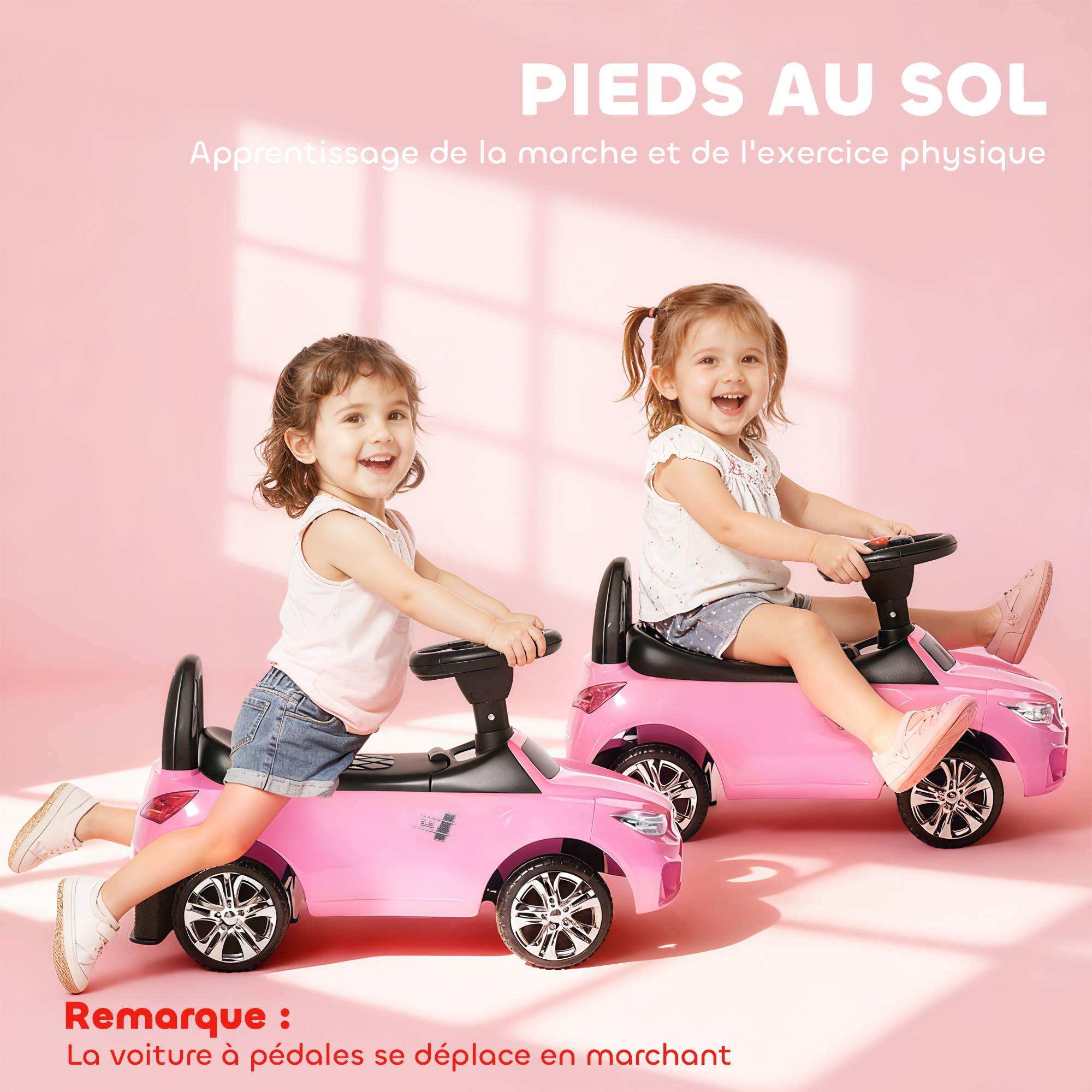 Porteur enfants voiture, véhicule à pousser avec coffre à jouets, klaxon, phares et musique, 63,5 x 28 x 36 cm, rose - Image 10