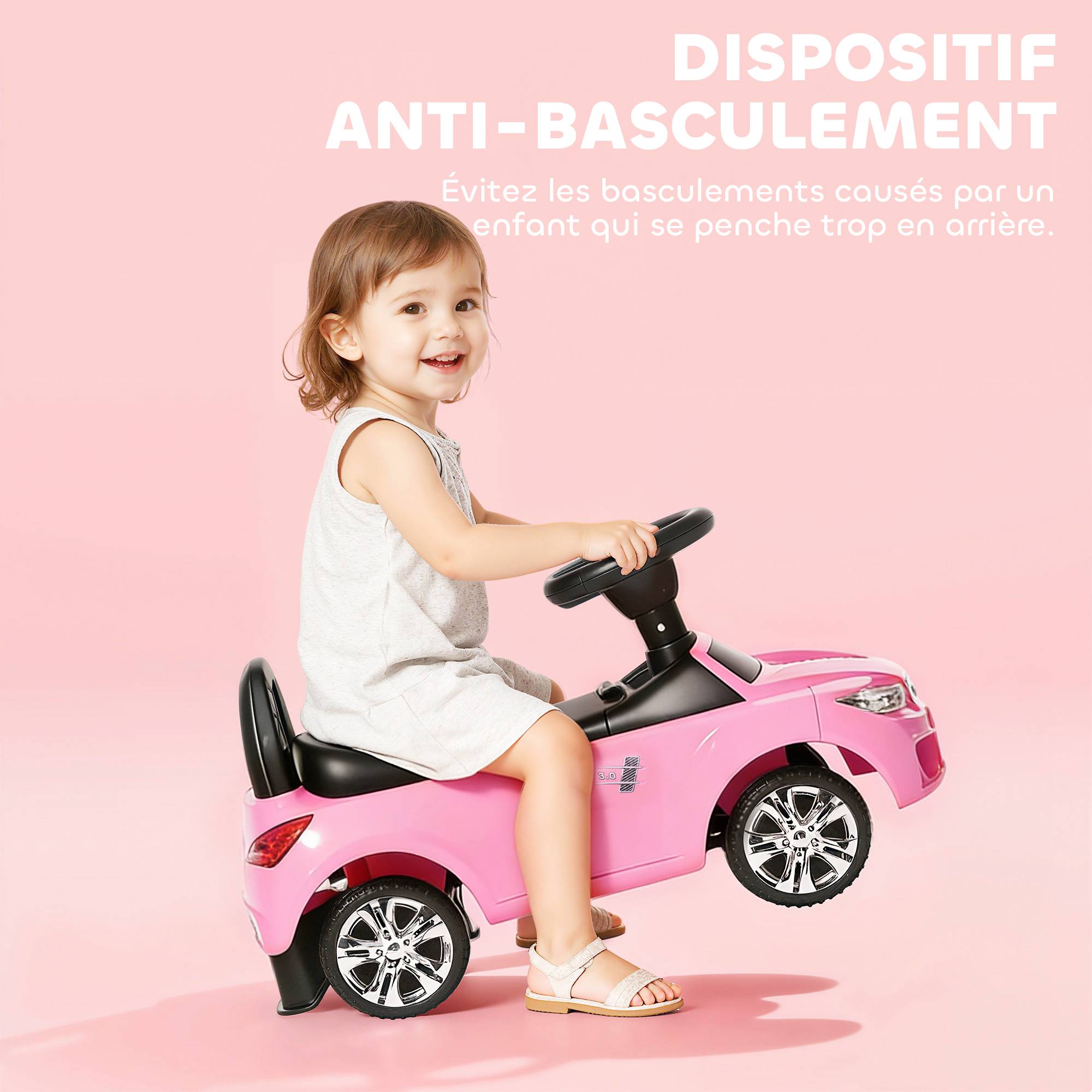 Porteur enfants voiture, véhicule à pousser avec coffre à jouets, klaxon, phares et musique, 63,5 x 28 x 36 cm, rose - Image 7
