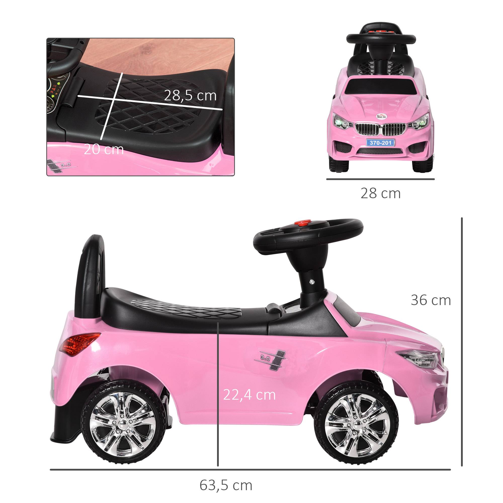 Porteur enfants voiture, véhicule à pousser avec coffre à jouets, klaxon, phares et musique, 63,5 x 28 x 36 cm, rose - Image 5