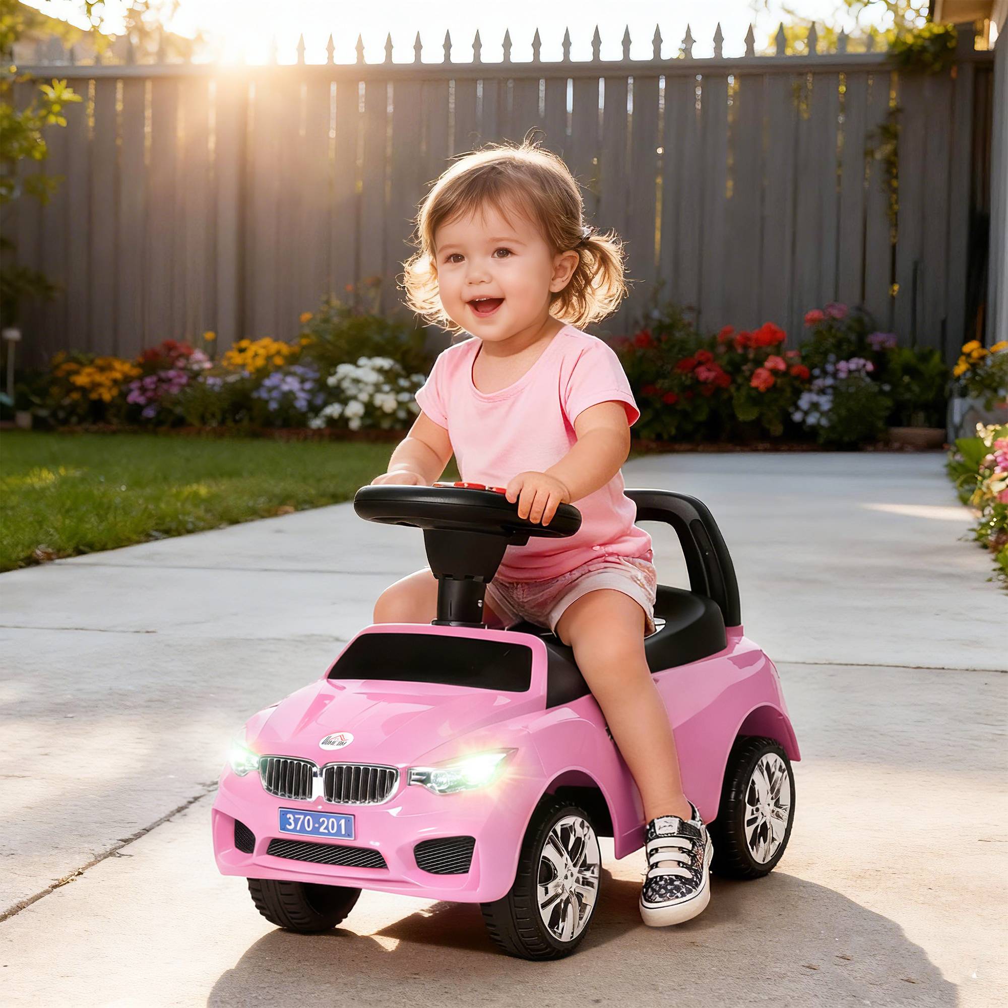 Porteur enfants voiture, véhicule à pousser avec coffre à jouets, klaxon, phares et musique, 63,5 x 28 x 36 cm, rose - Image 3