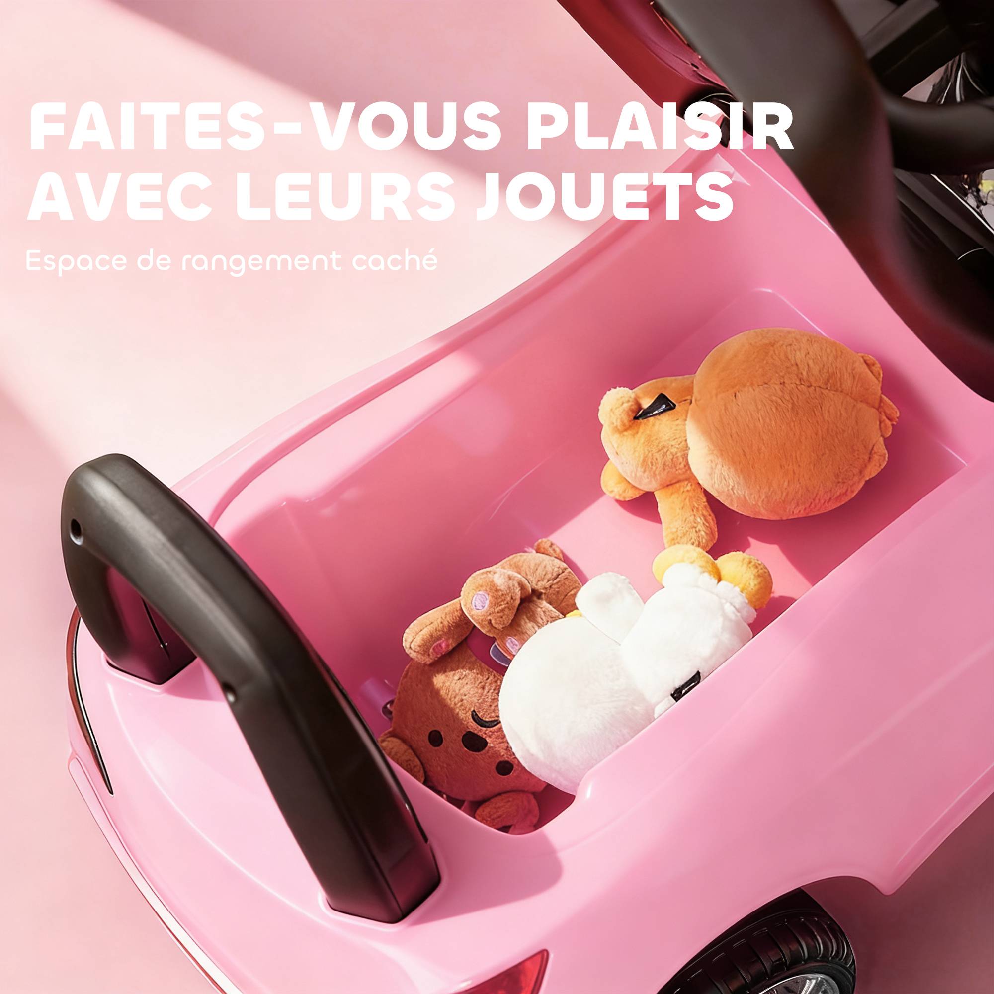 Porteur enfants voiture, véhicule à pousser avec coffre à jouets, klaxon, phares et musique, 63,5 x 28 x 36 cm, rose - Image 8