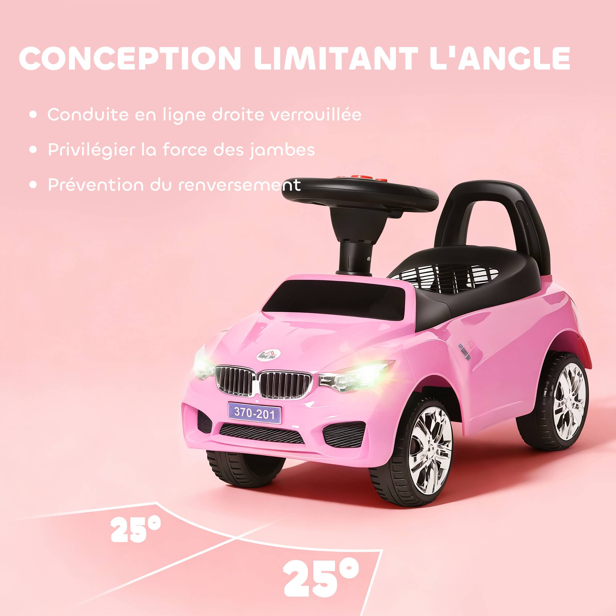 Porteur enfants voiture, véhicule à pousser avec coffre à jouets, klaxon, phares et musique, 63,5 x 28 x 36 cm, rose - Image 9