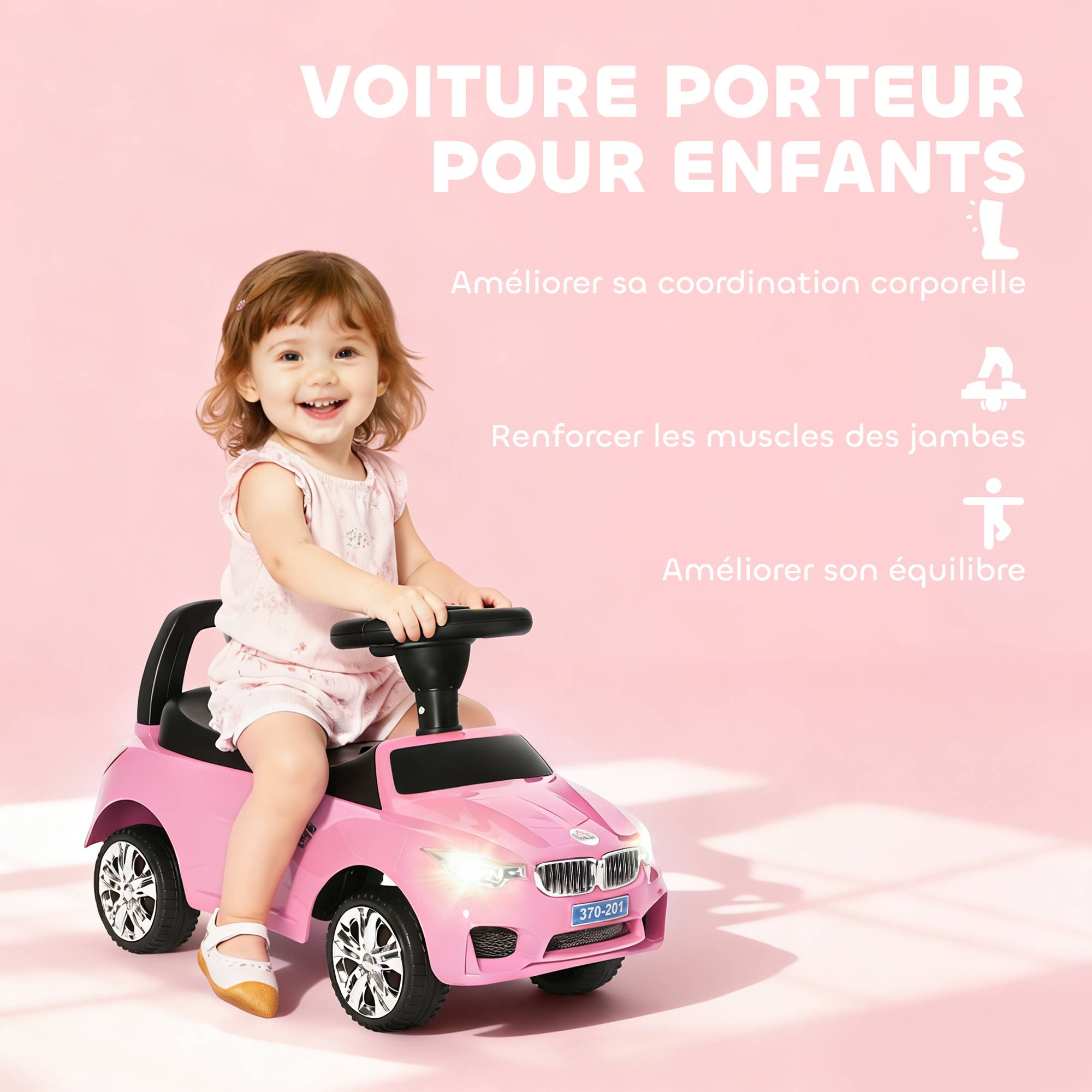Porteur enfants voiture, véhicule à pousser avec coffre à jouets, klaxon, phares et musique, 63,5 x 28 x 36 cm, rose - Image 6