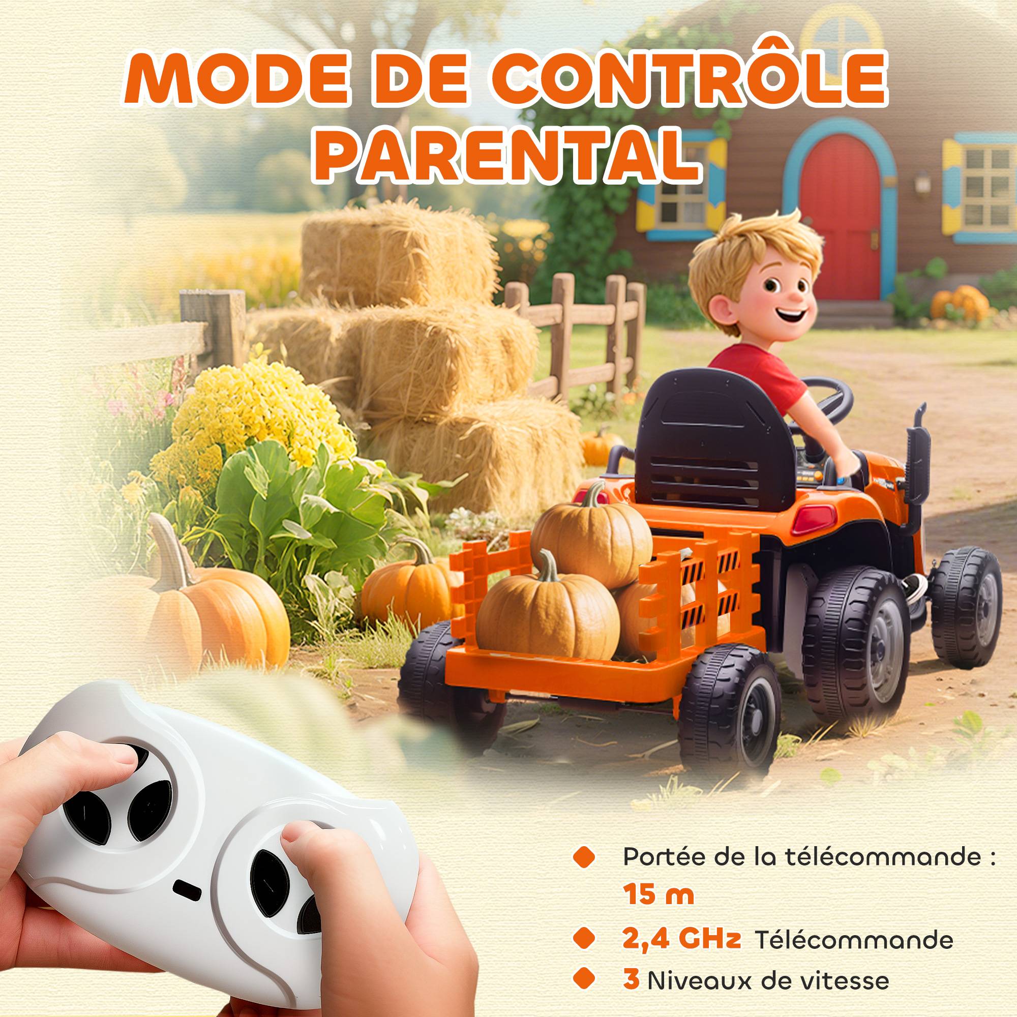 Sans Marque - Tracteur électrique enfants avec remorque amovible, voiture électrique enfants, télécommande 2,4G, 139x58x55cm, orange - Image 8